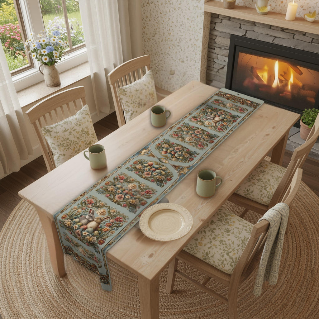 Victorian Easter Table Runner: Floral Vintage Style Rabbits and Fancy Eggs