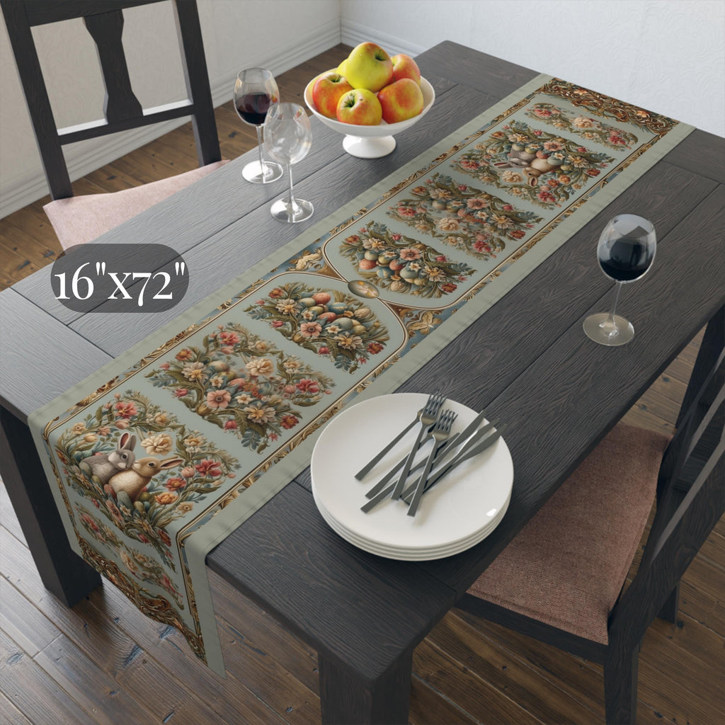 Victorian Easter Table Runner: Floral Vintage Style Rabbits and Fancy Eggs