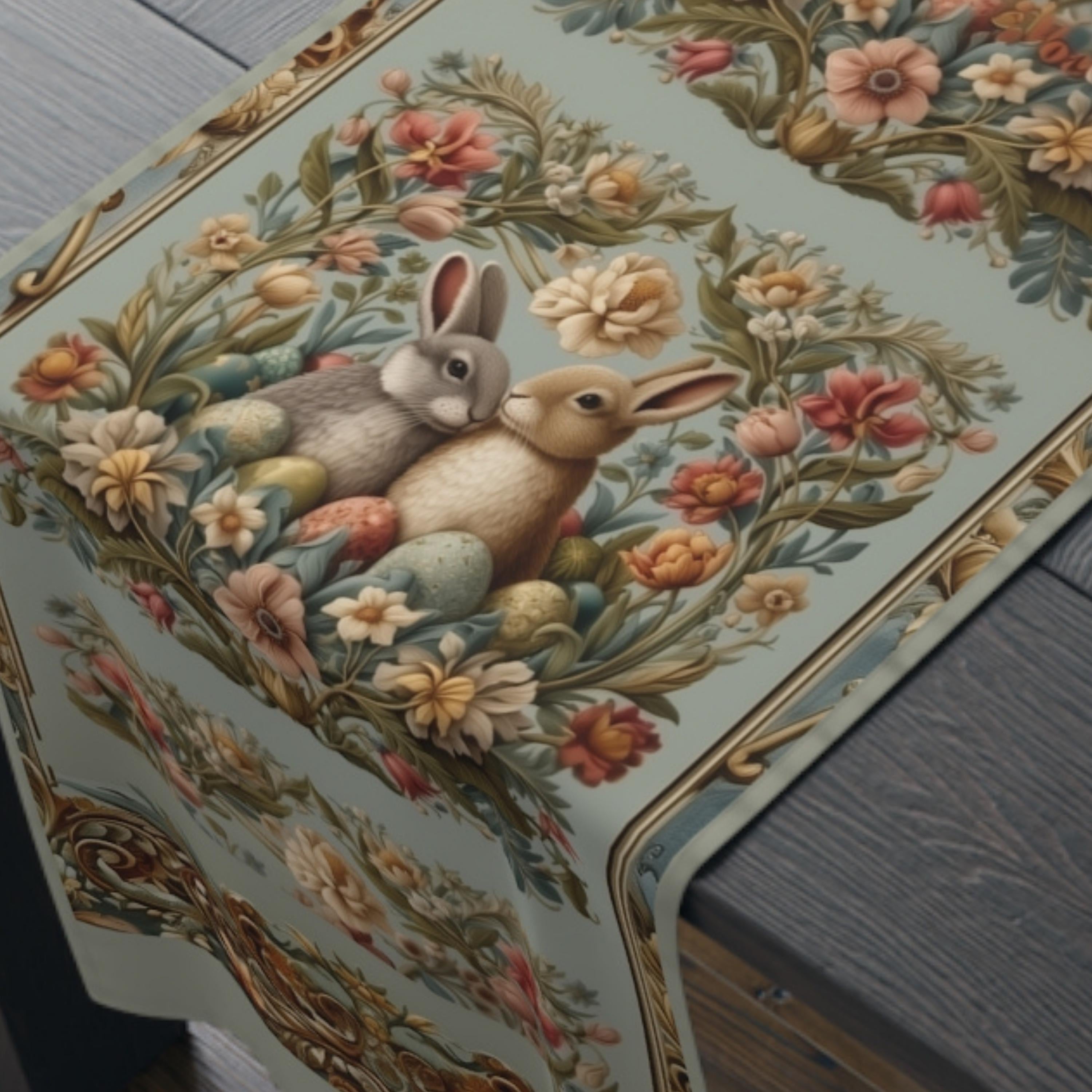 Victorian Easter Table Runner: Floral Vintage Style Rabbits and Fancy Eggs