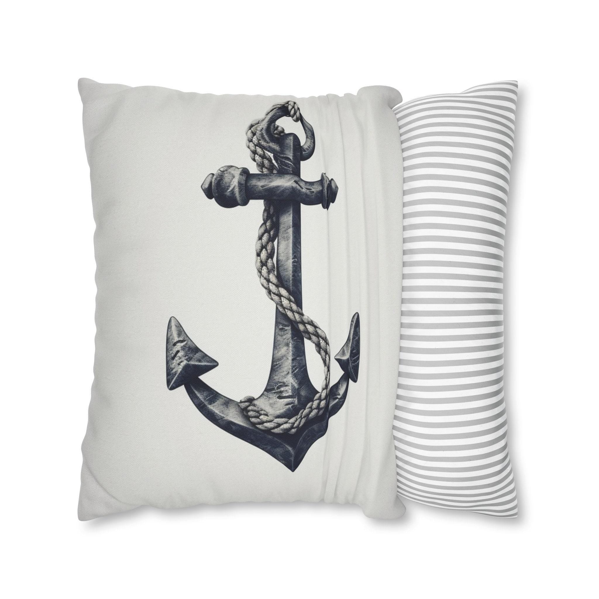 Vintage-Style Navy Blue Anchor Throw Pillow Cover - Nautical Decorative Case