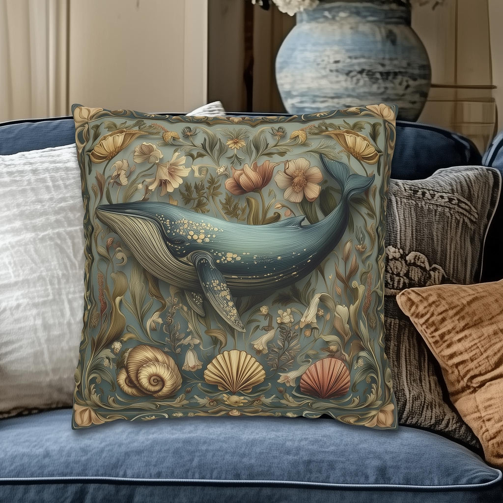 Botanical Blue Whale Pillow Cover: William Morris Inspired Coastal Decor