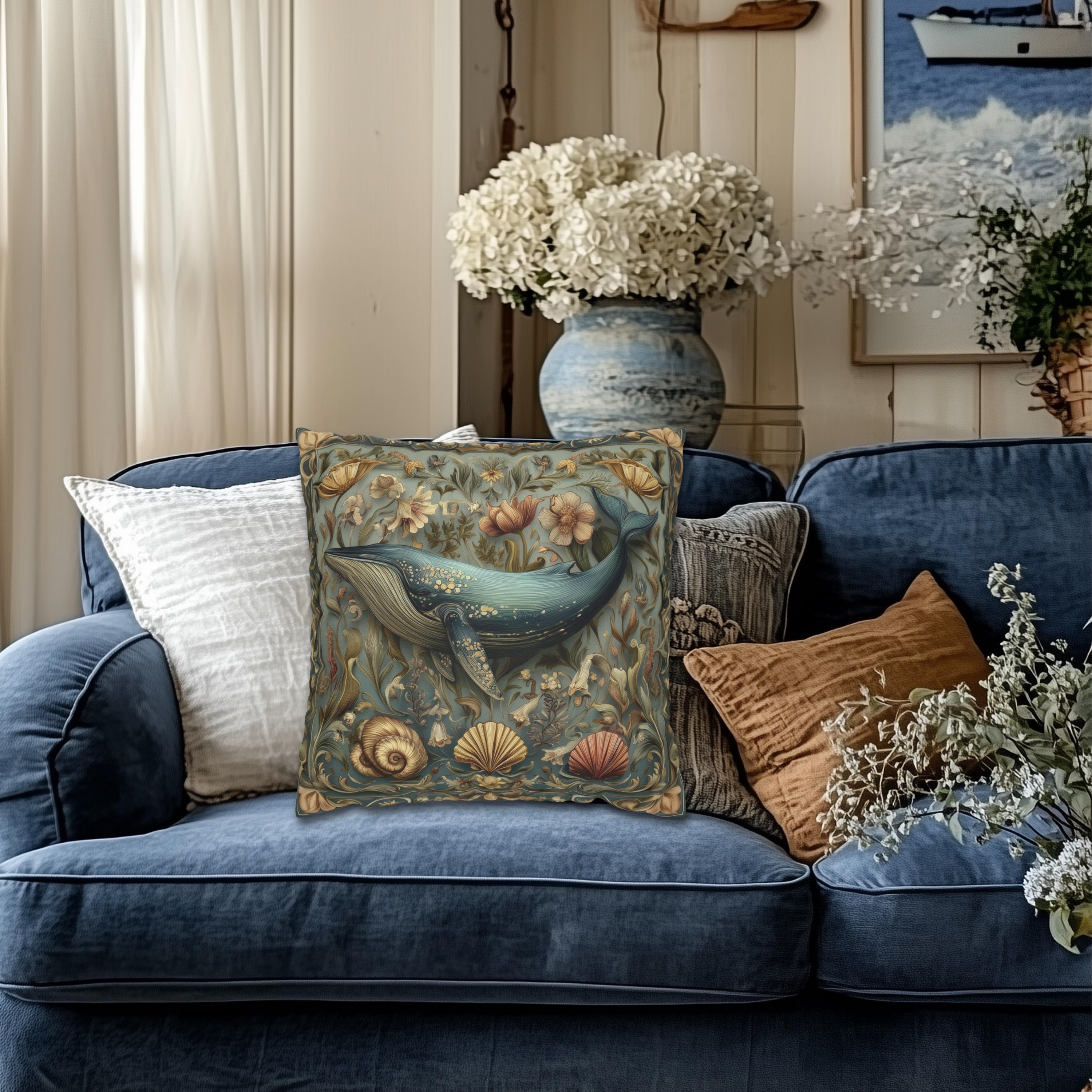 Botanical Blue Whale Pillow Cover: William Morris Inspired Coastal Decor