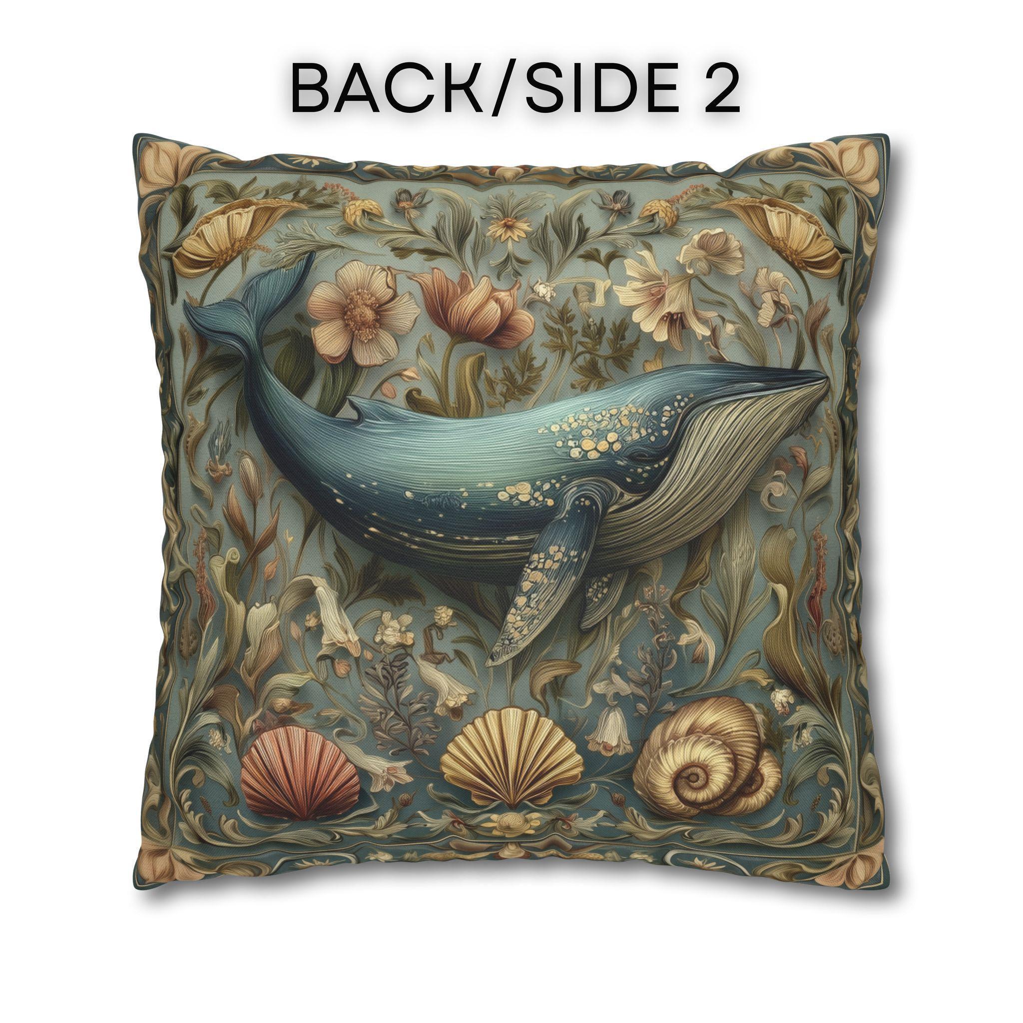 Botanical Blue Whale Pillow Cover: William Morris Inspired Coastal Decor