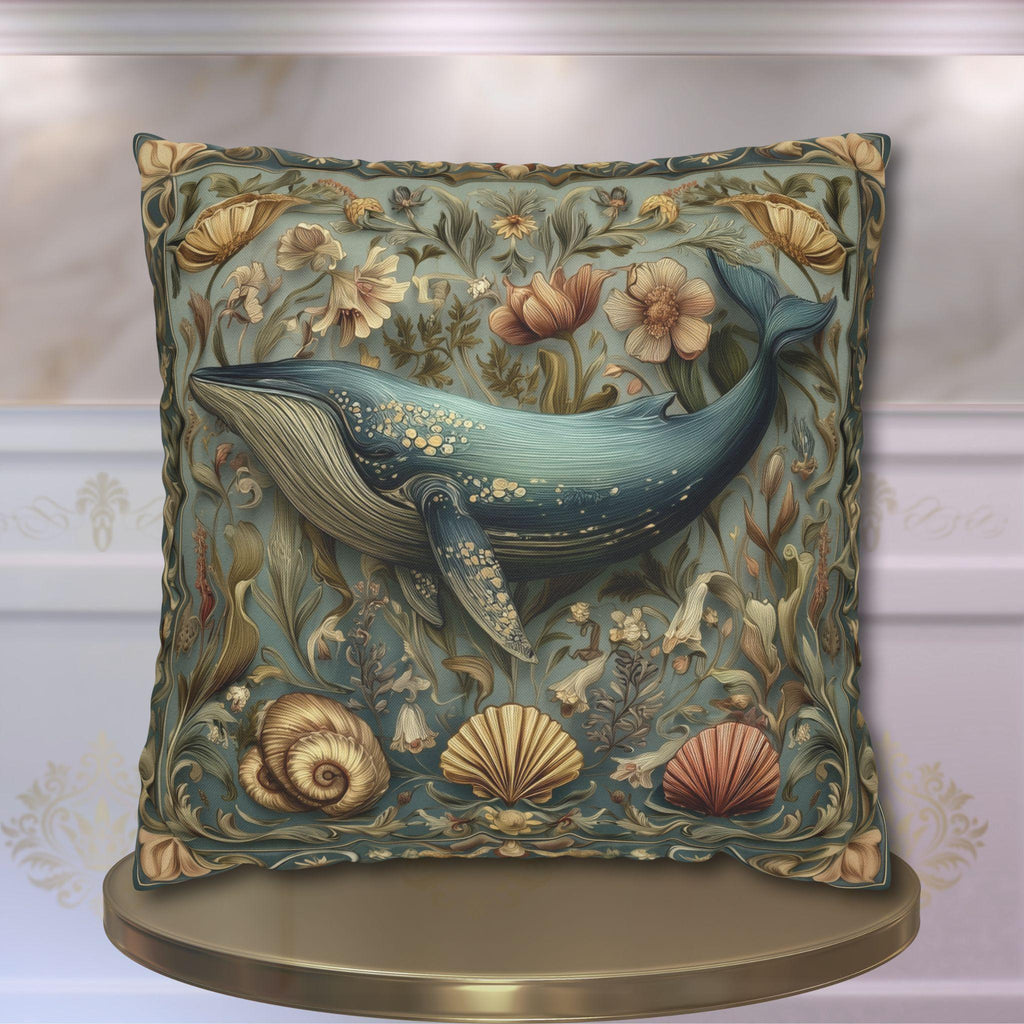 Botanical Blue Whale Pillow Cover: William Morris Inspired Coastal Decor