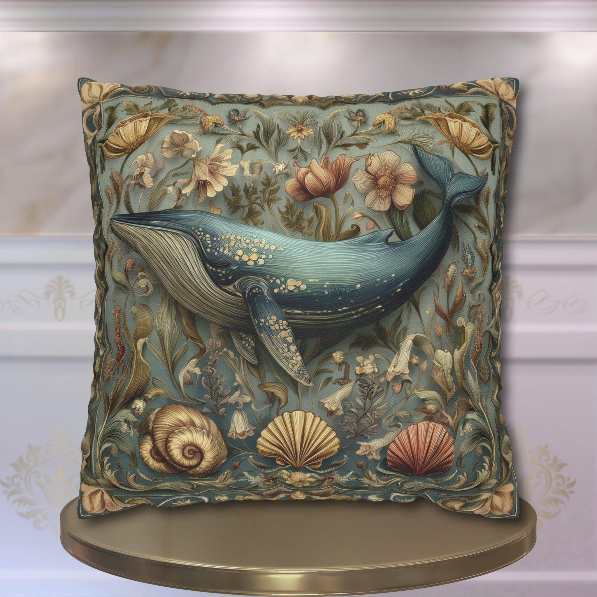 Botanical Blue Whale Pillow Cover: William Morris Inspired Coastal Decor