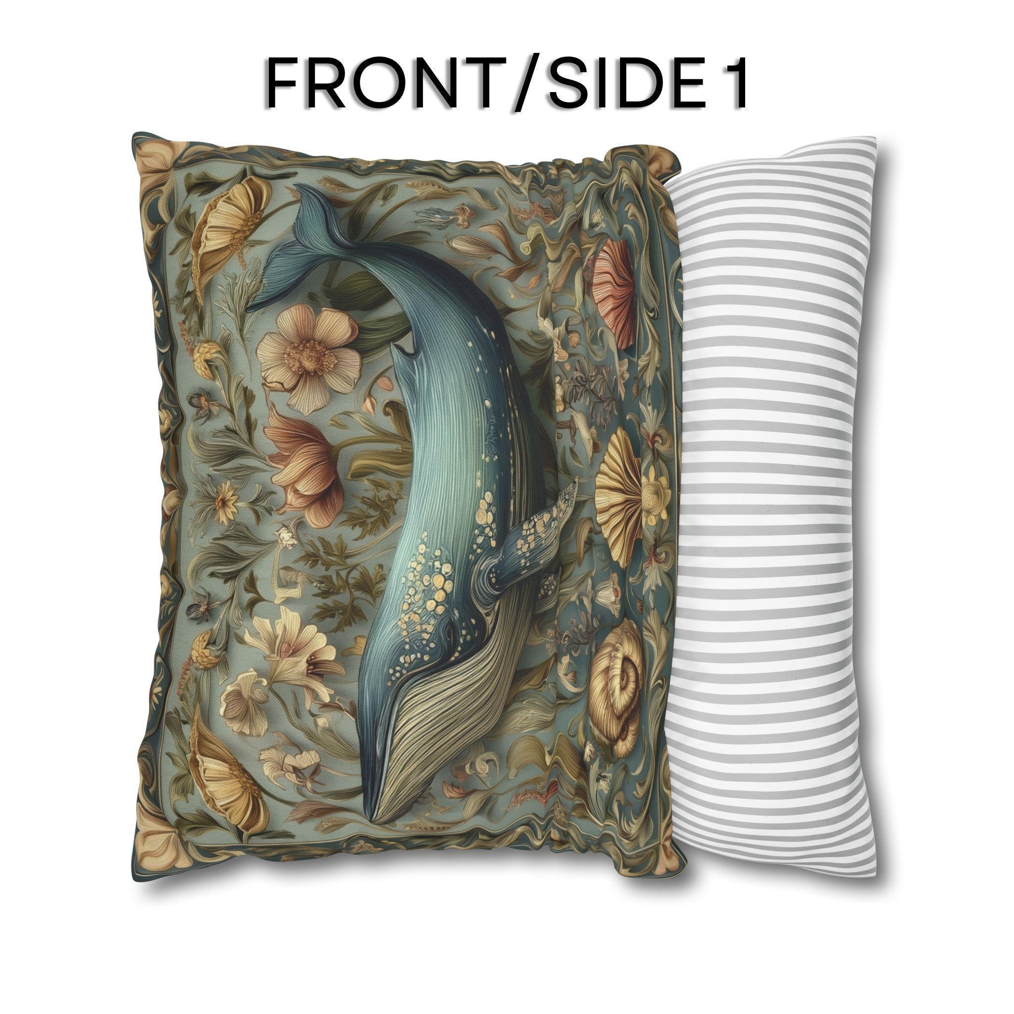 Botanical Blue Whale Pillow Cover: William Morris Inspired Coastal Decor