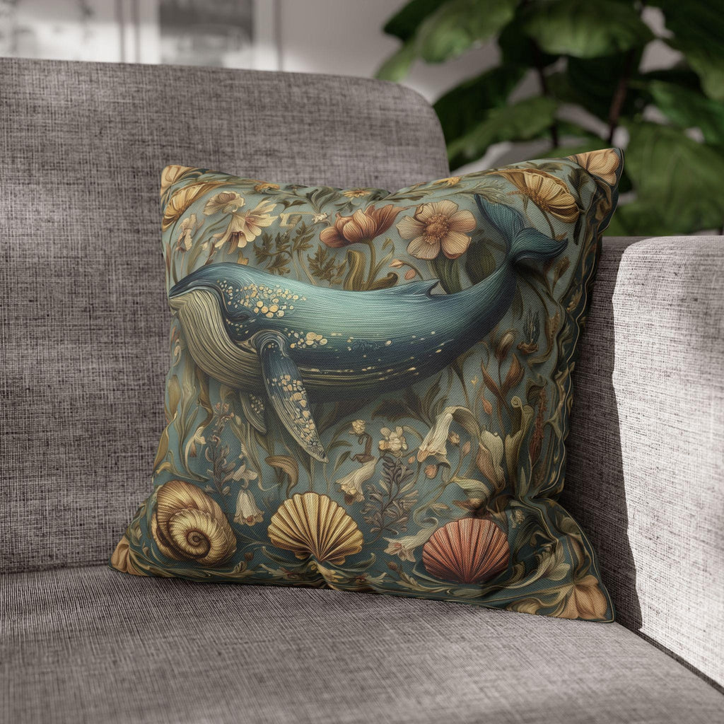 Botanical Blue Whale Pillow Cover: William Morris Inspired Coastal Decor