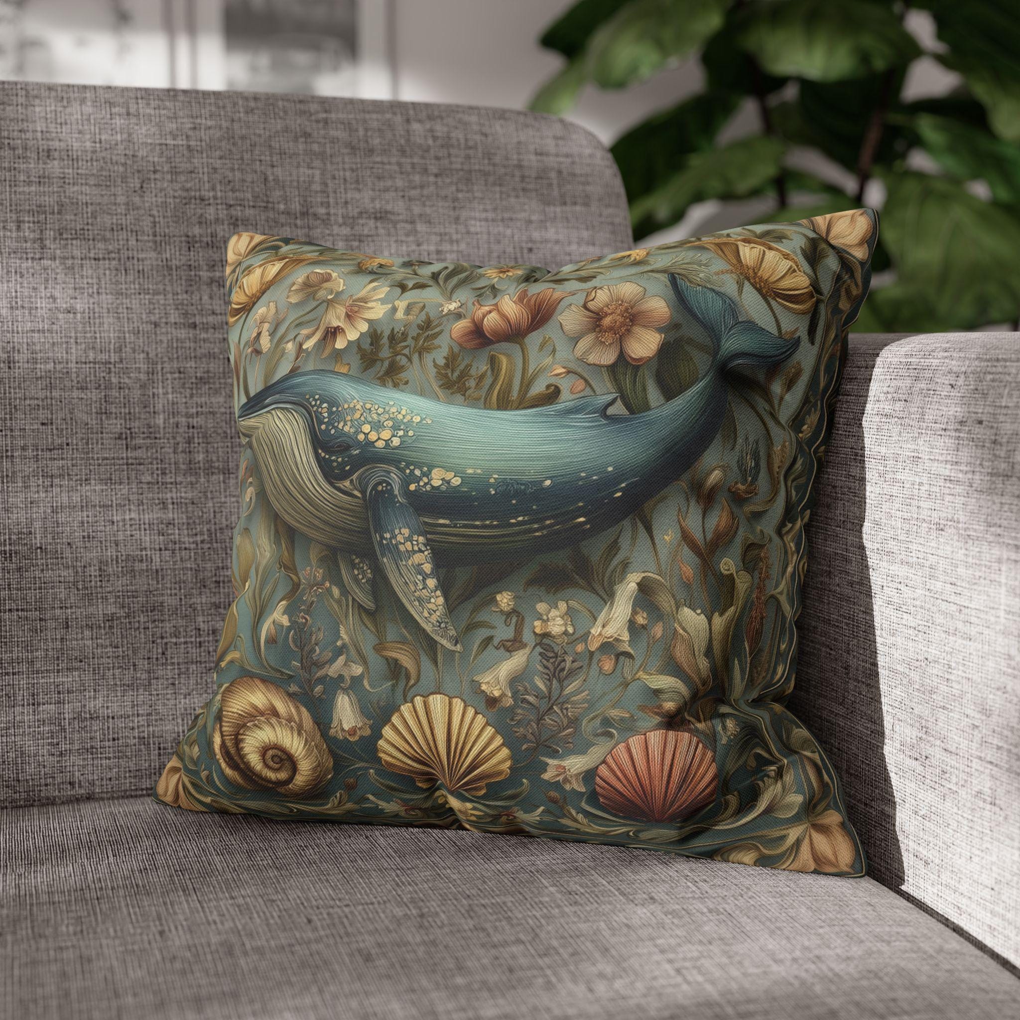 Botanical Blue Whale Pillow Cover: William Morris Inspired Coastal Decor
