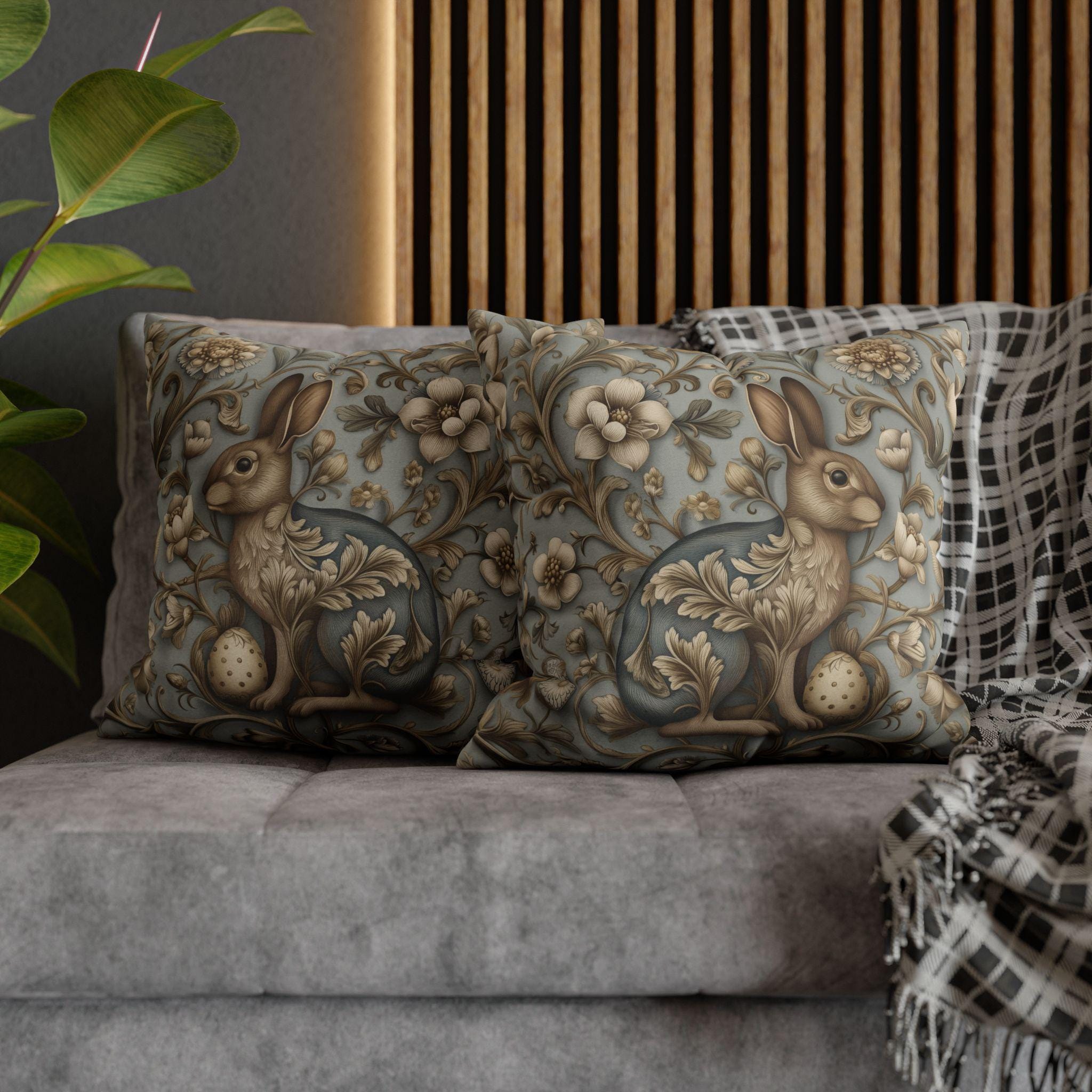 William Morris Chinoiserie Easter Hare Pillow Cover: Slate Blue & Taupe