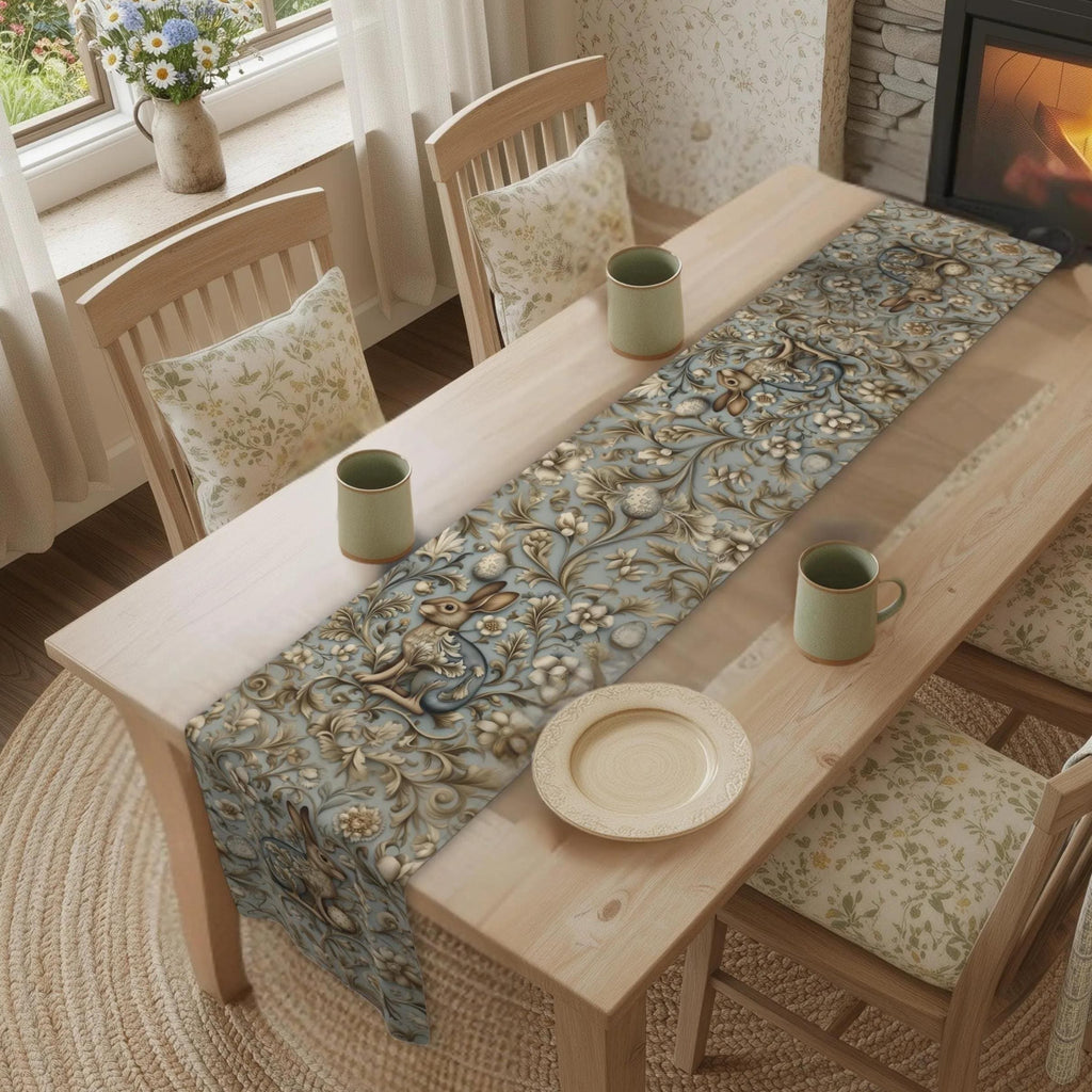Easter Table Runner: William Morris Chinoiserie Hare Design, Slate Blue Spring Decor