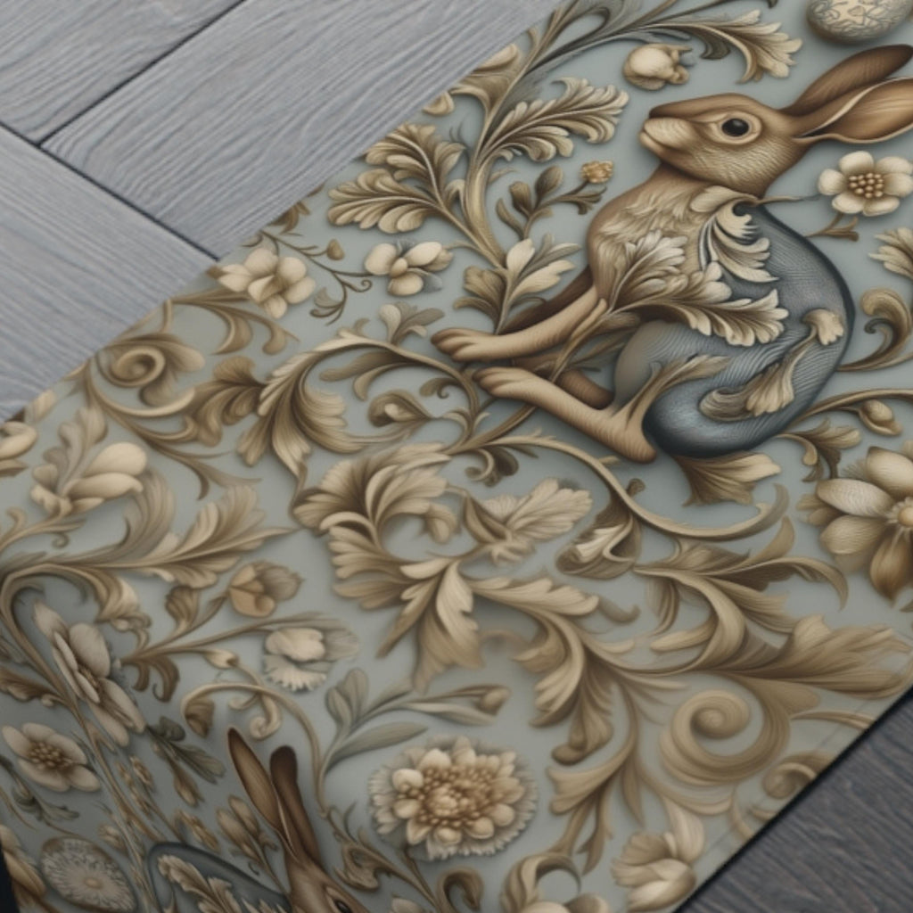 Easter Table Runner: William Morris Chinoiserie Hare Design, Slate Blue Spring Decor
