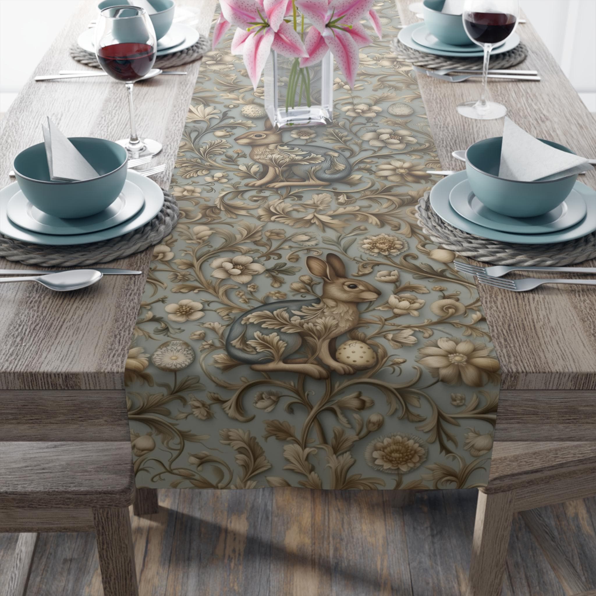 Easter Table Runner: William Morris Chinoiserie Hare Design, Slate Blue Spring Decor