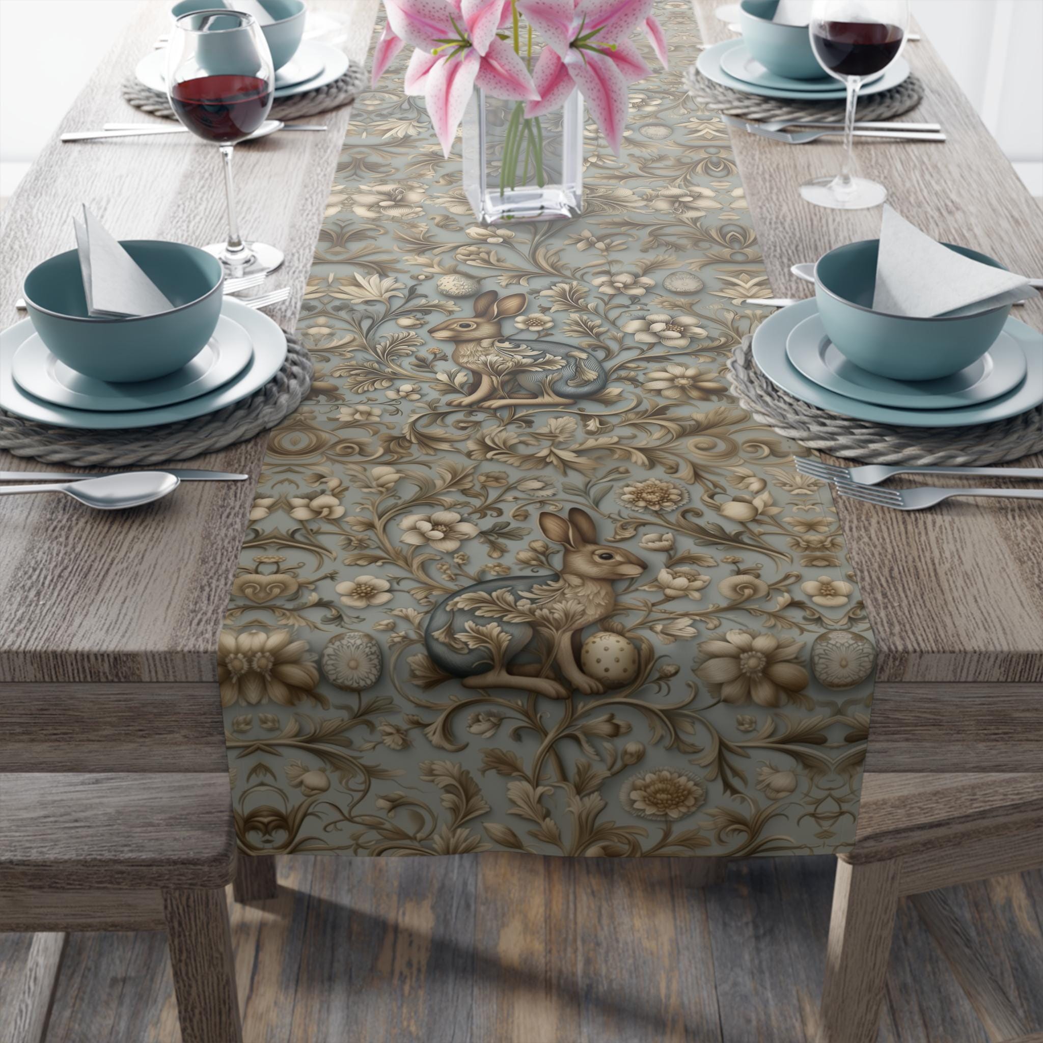 Easter Table Runner: William Morris Chinoiserie Hare Design, Slate Blue Spring Decor