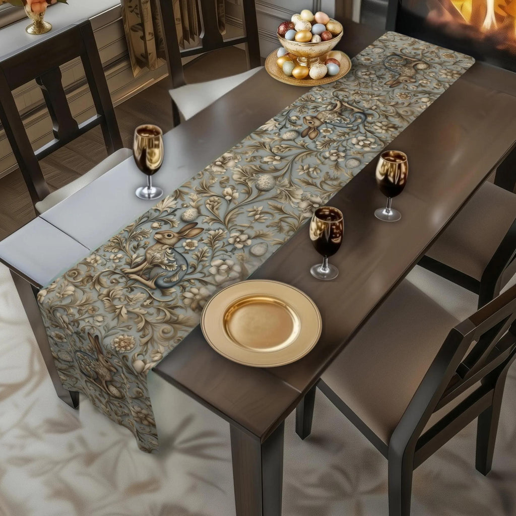 Easter Table Runner: William Morris Chinoiserie Hare Design, Slate Blue Spring Decor