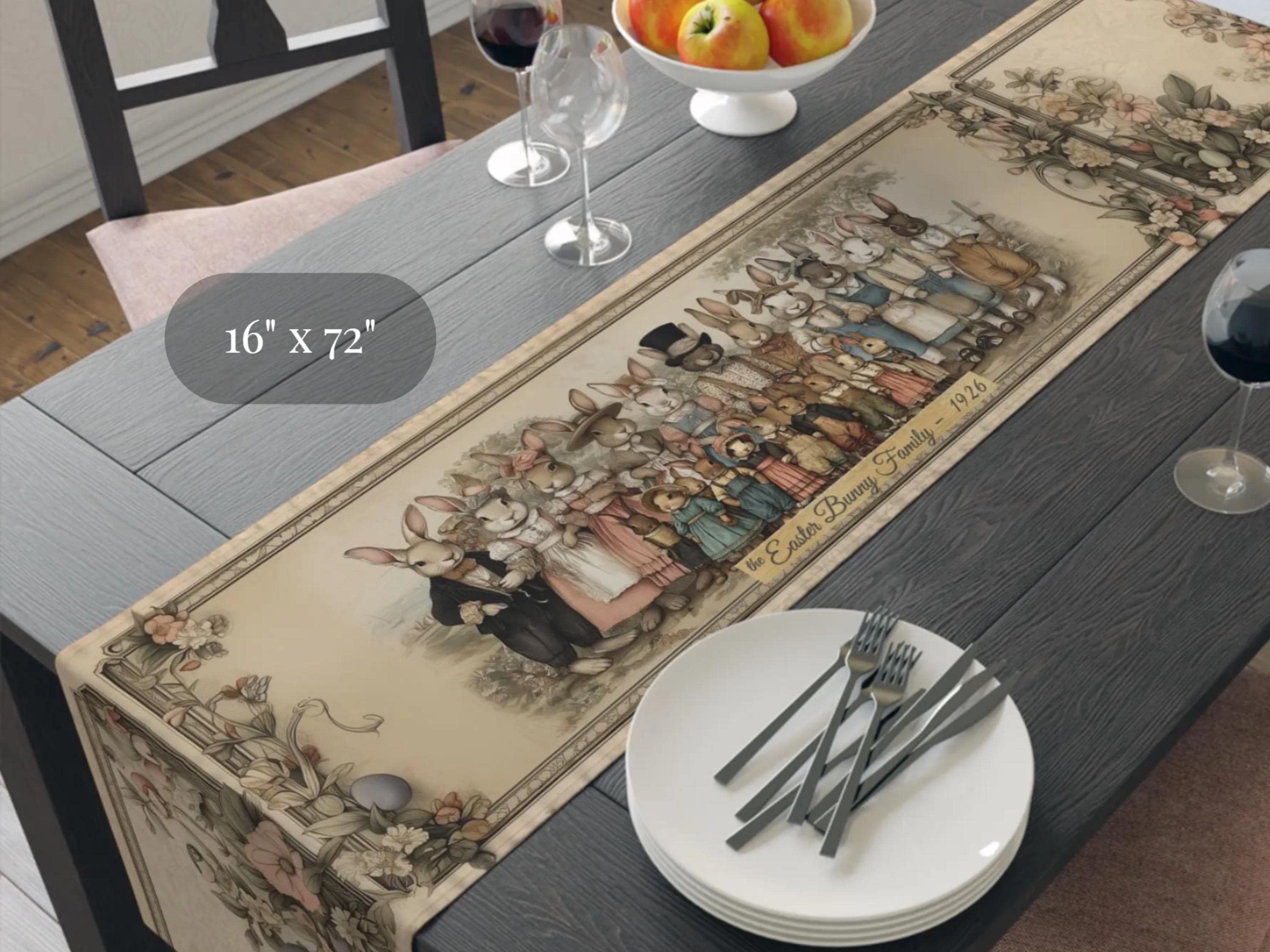 Bunny Family Portrait Easter Table Runner: Illustrated 1920s Vintage Style Spring Decor