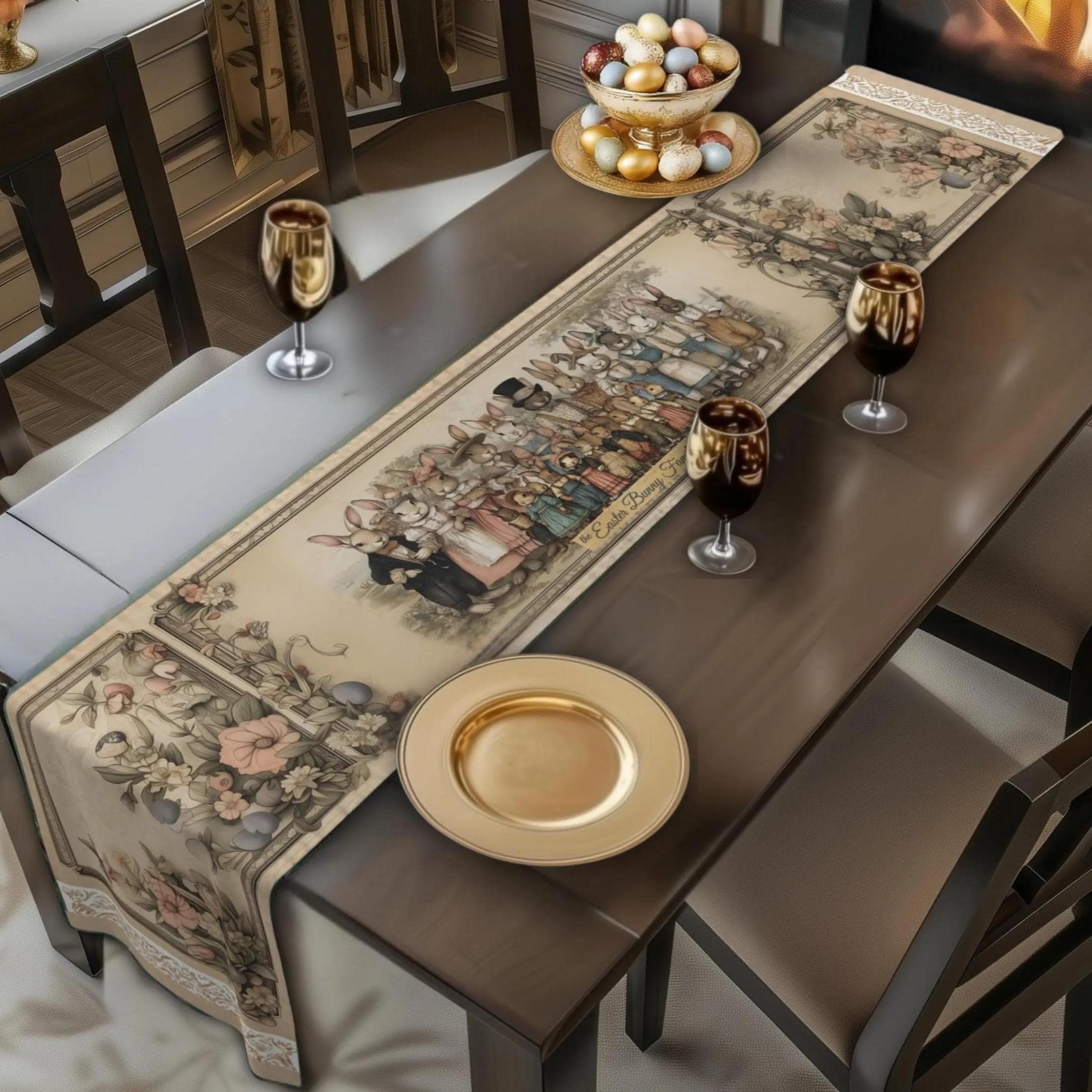 Bunny Family Portrait Easter Table Runner: Illustrated 1920s Vintage Style Spring Decor