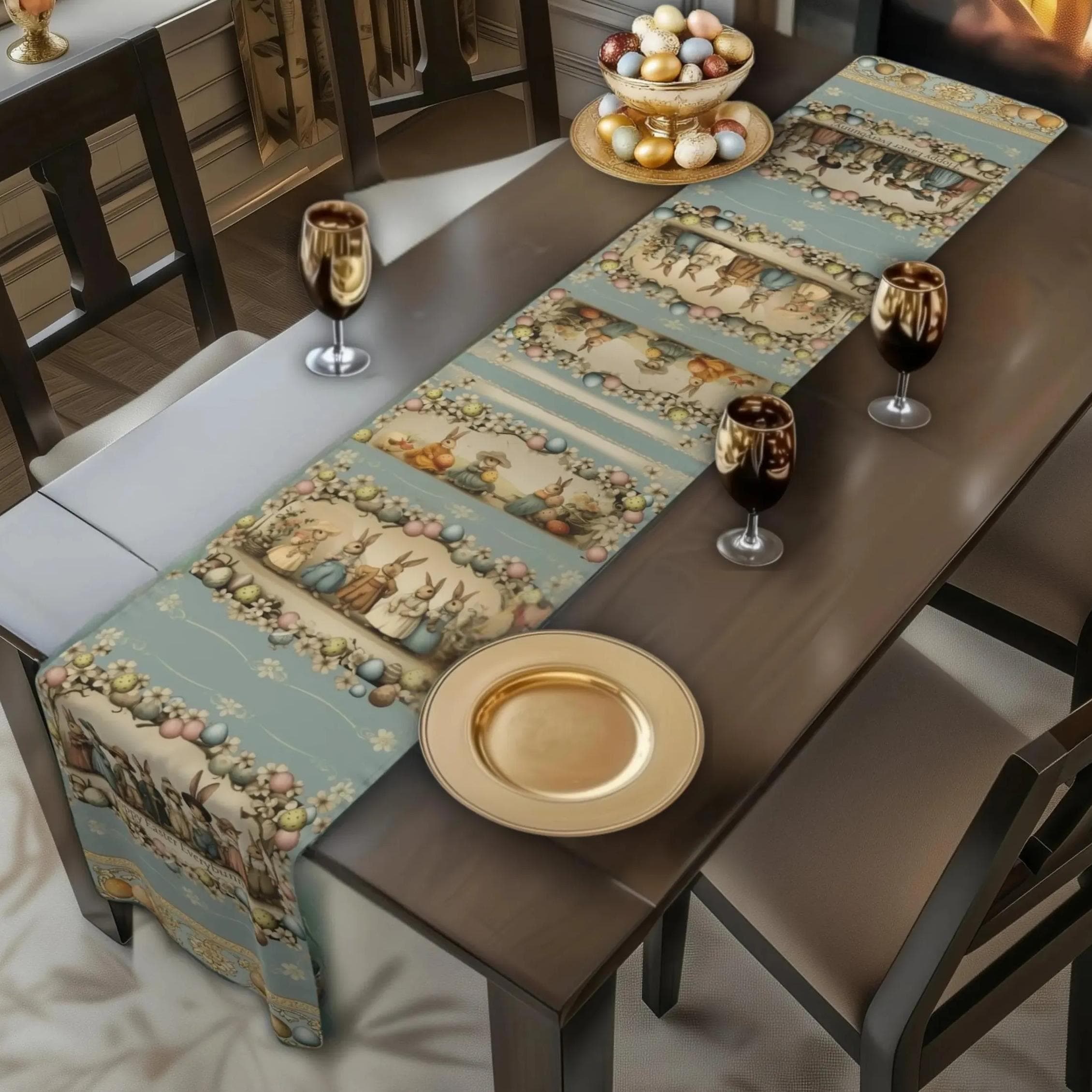 Bunny Family Easter Table Runner: 1920s Vintage Inspired Spring Decor