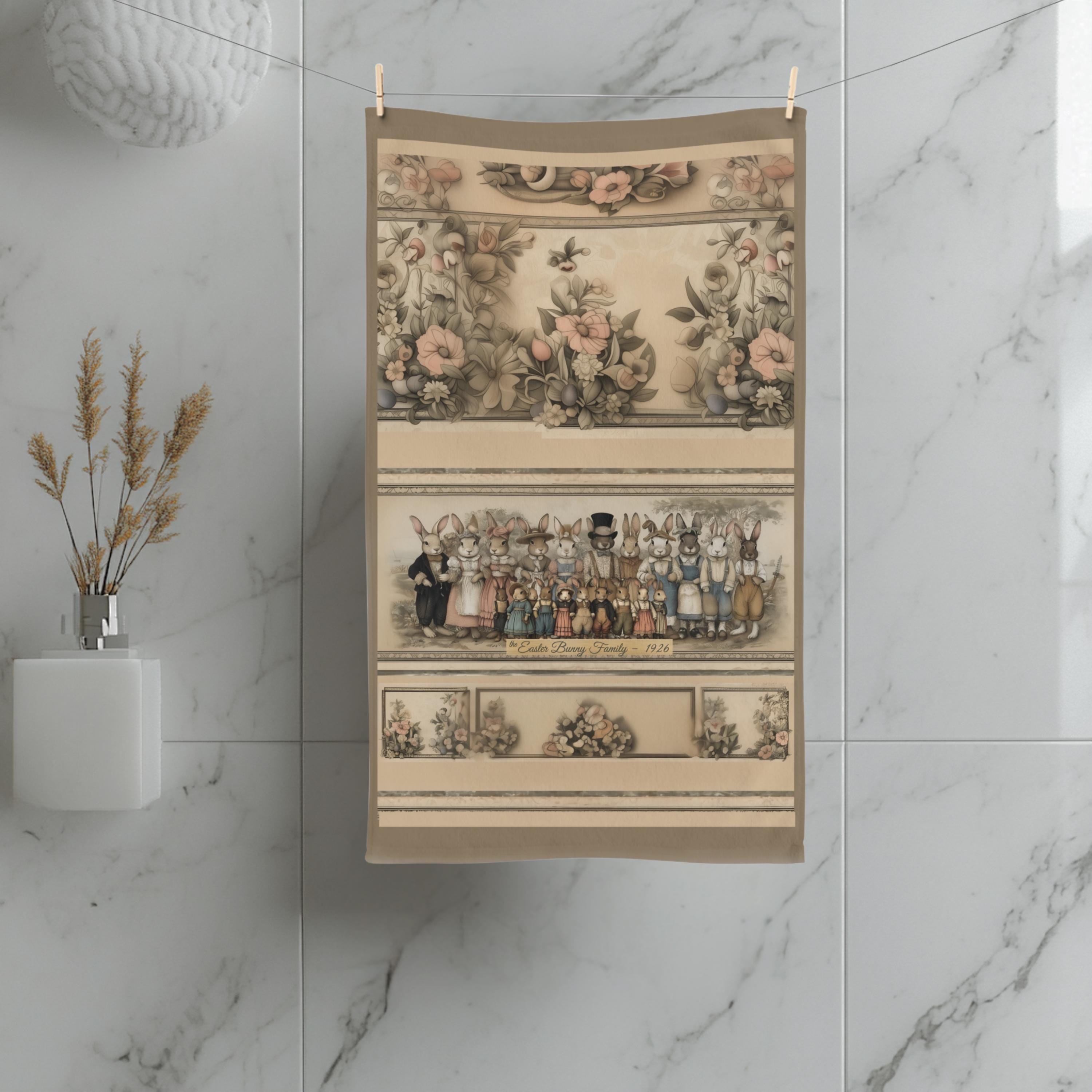 Bunny Family Portrait Easter Hand Towel: Illustrated 1920s Vintage Style Spring Decor