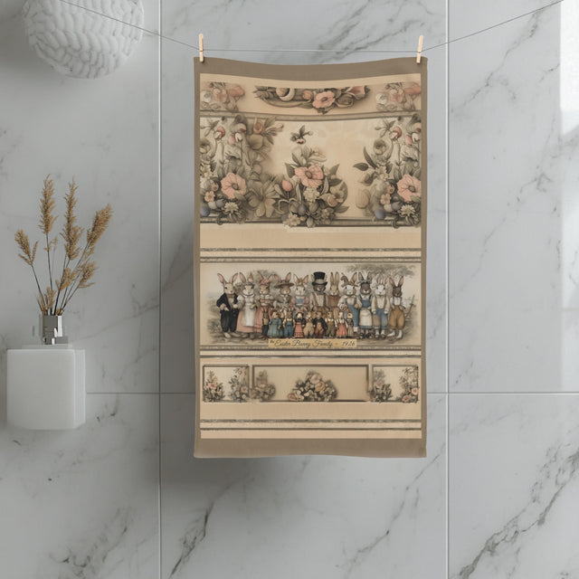 Bunny Family Portrait Easter Hand Towel: Illustrated 1920s Vintage Style Spring Decor
