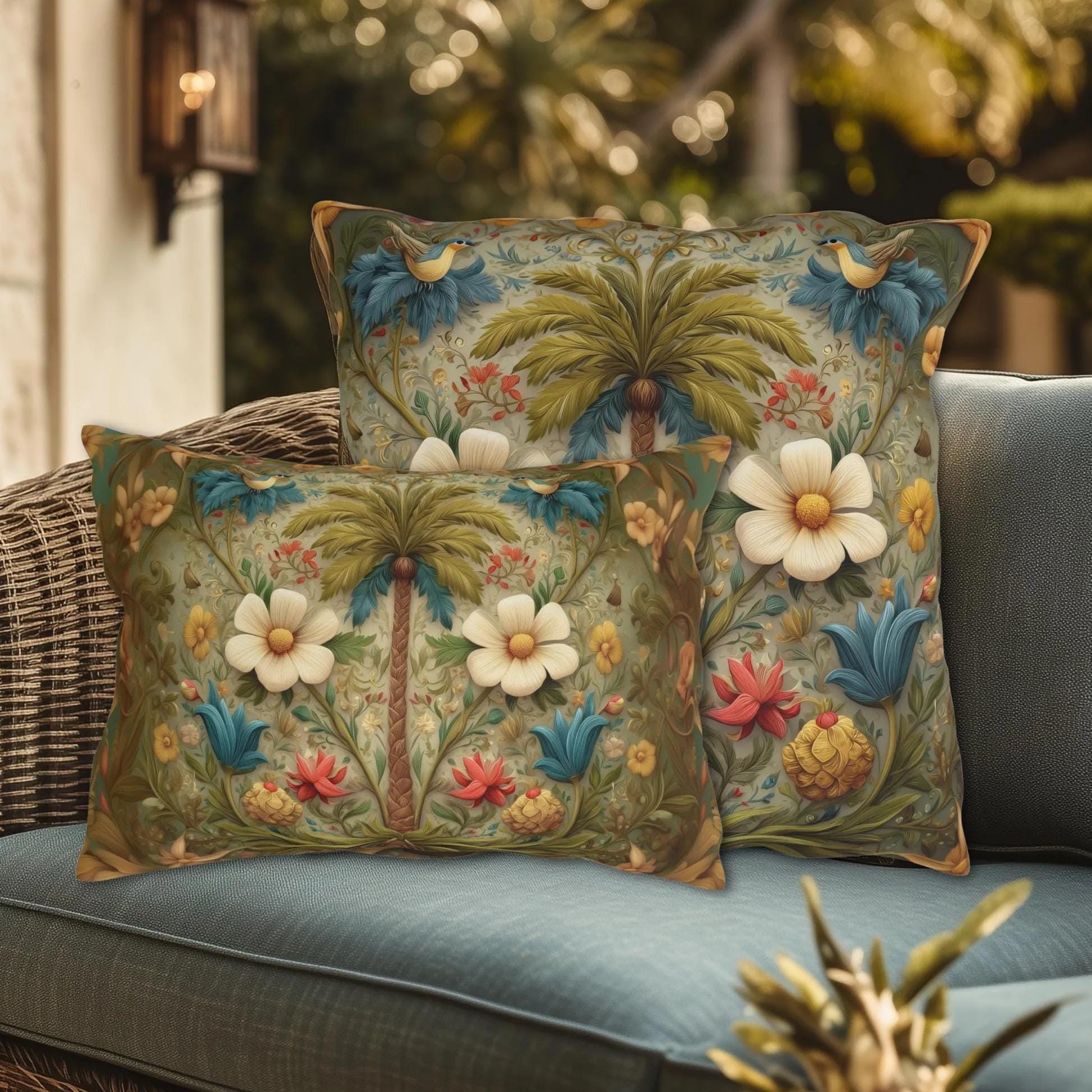 William Morris Inspired Outdoor Pillow: Exotic Tropical Floral for Patio or Poolside
