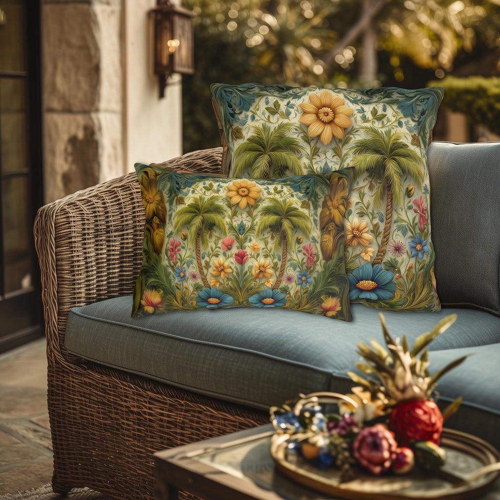 William Morris Inspired Outdoor Pillow: Tropical Palm Tree Coastal Botanical Cushion
