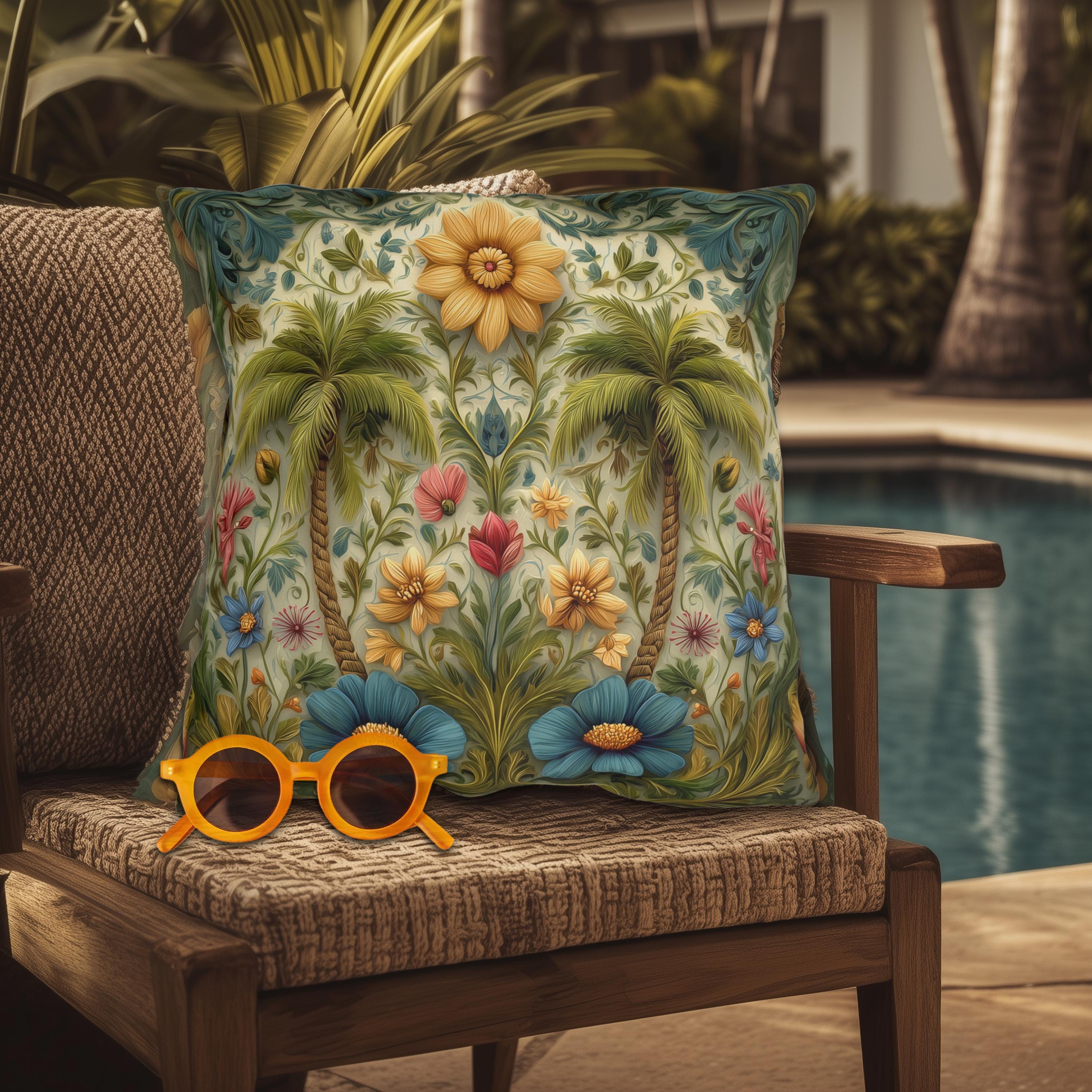 William Morris Inspired Outdoor Pillow: Tropical Palm Tree Coastal Botanical Cushion