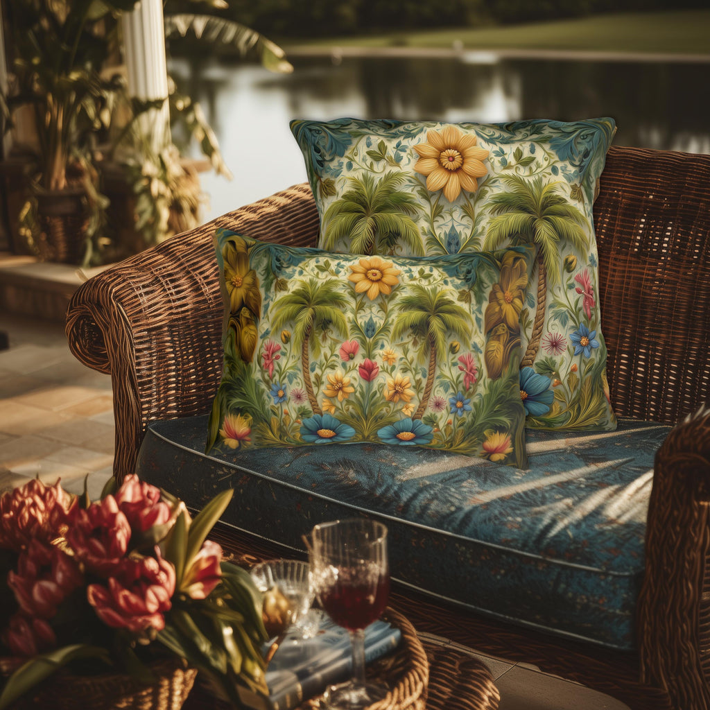 William Morris Inspired Outdoor Pillow: Tropical Palm Tree Coastal Botanical Cushion