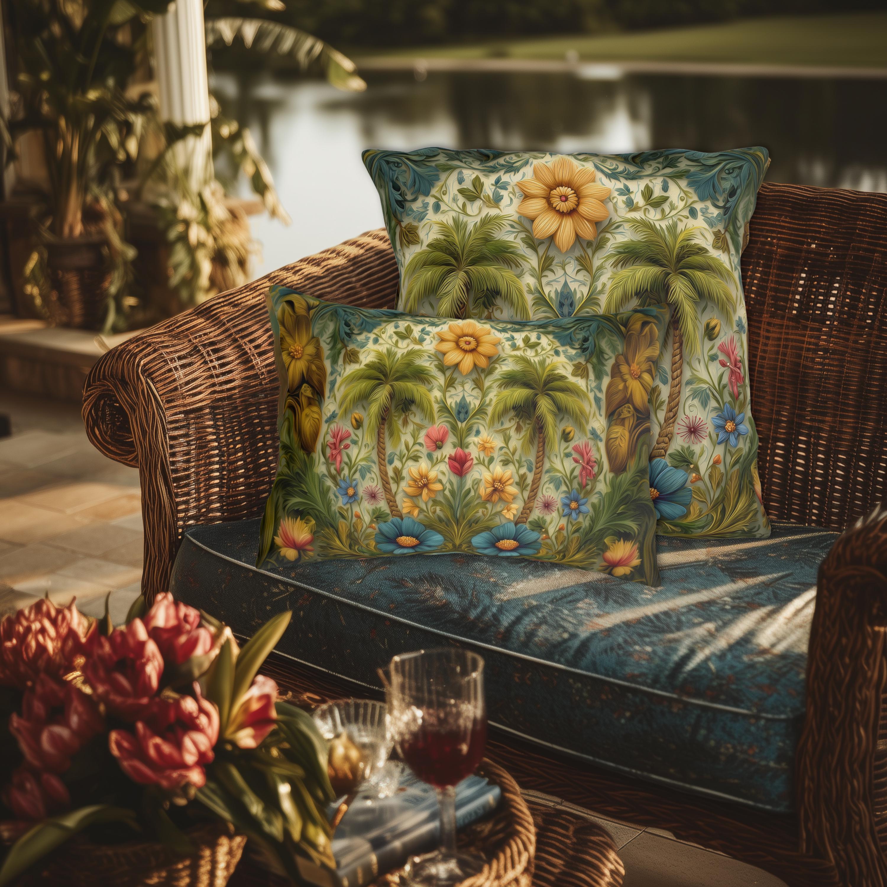 William Morris Inspired Outdoor Pillow: Tropical Palm Tree Coastal Botanical Cushion