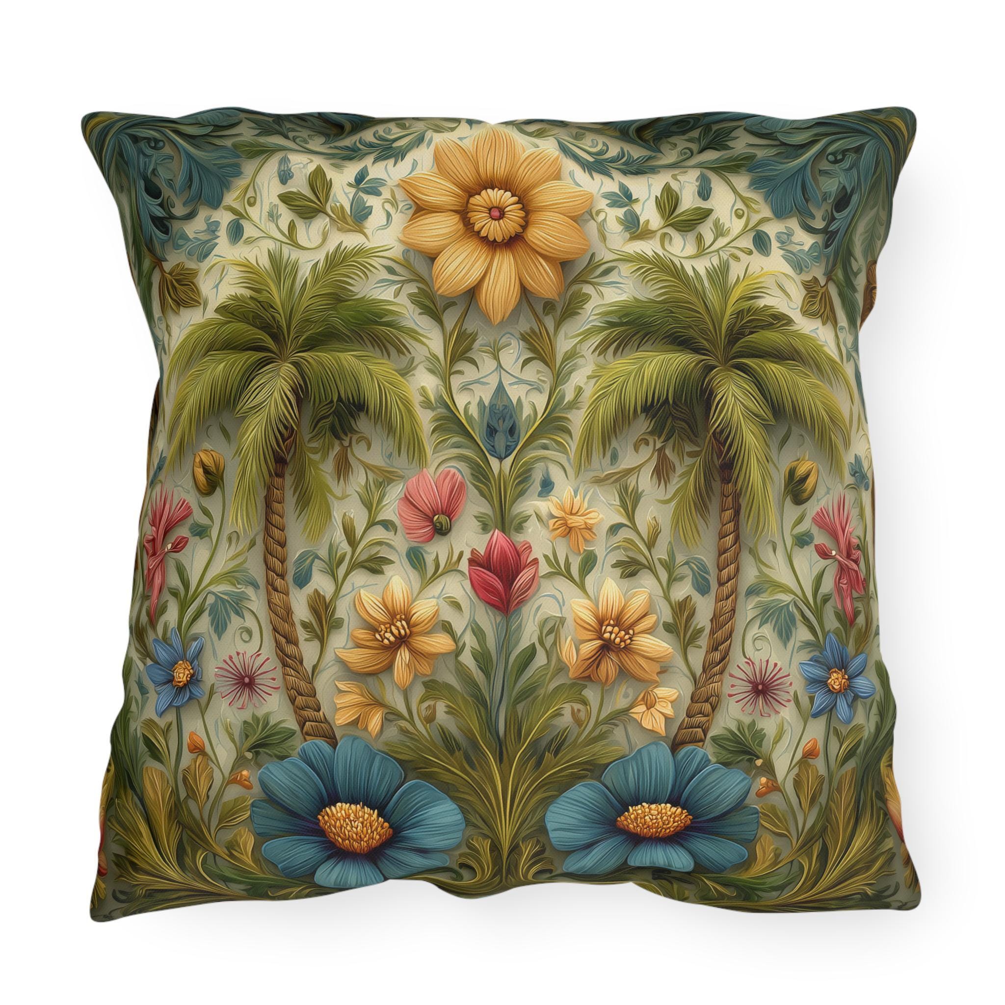 William Morris Inspired Outdoor Pillow: Tropical Palm Tree Coastal Botanical Cushion