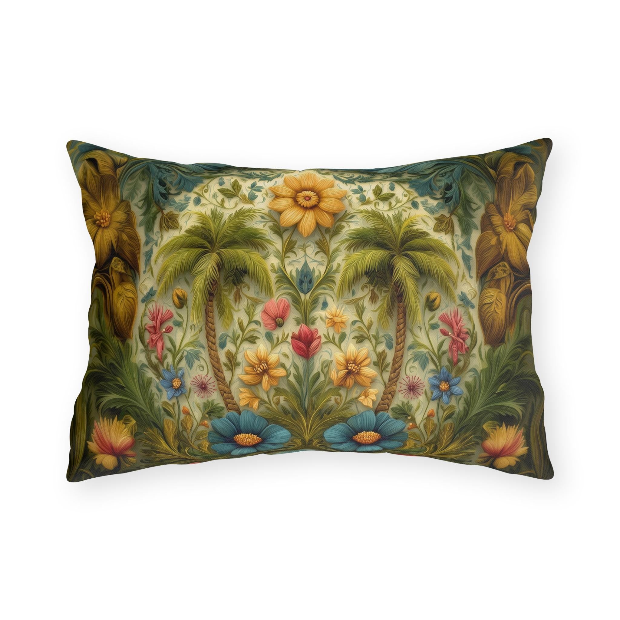 William Morris Inspired Outdoor Pillow: Tropical Palm Tree Coastal Botanical Cushion