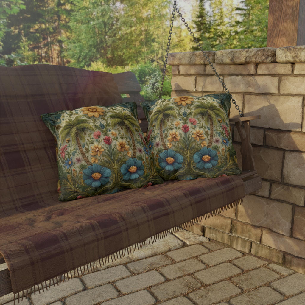 William Morris Inspired Outdoor Pillow: Tropical Palm Tree Coastal Botanical Cushion