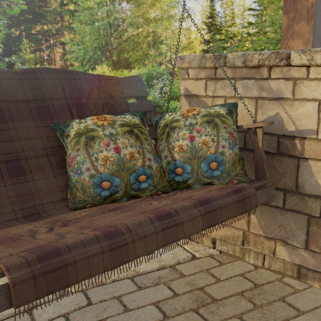 William Morris Inspired Outdoor Pillow: Tropical Palm Tree Coastal Botanical Cushion