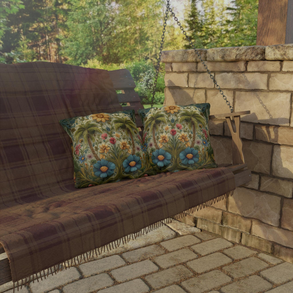 William Morris Inspired Outdoor Pillow: Tropical Palm Tree Coastal Botanical Cushion