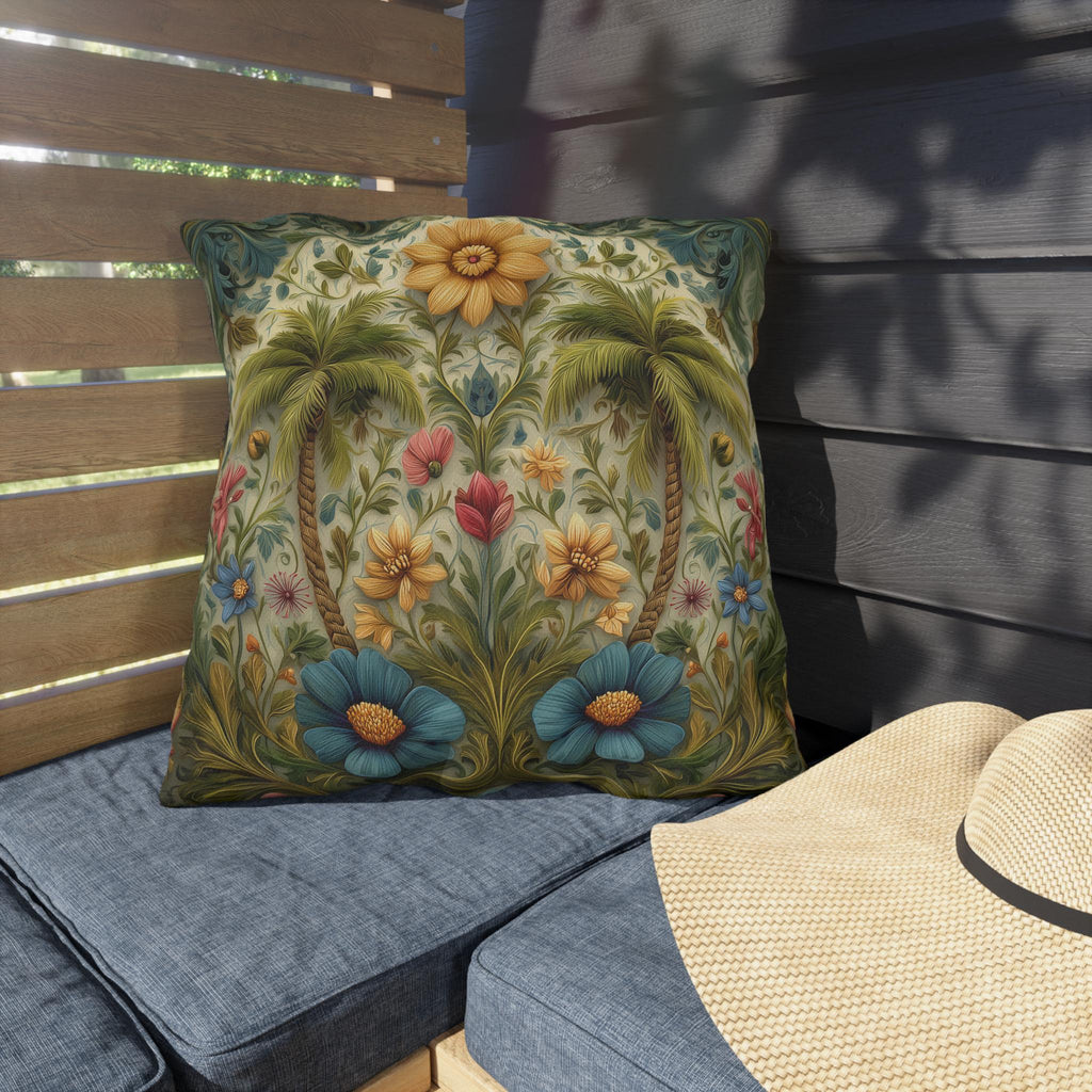 William Morris Inspired Outdoor Pillow: Tropical Palm Tree Coastal Botanical Cushion