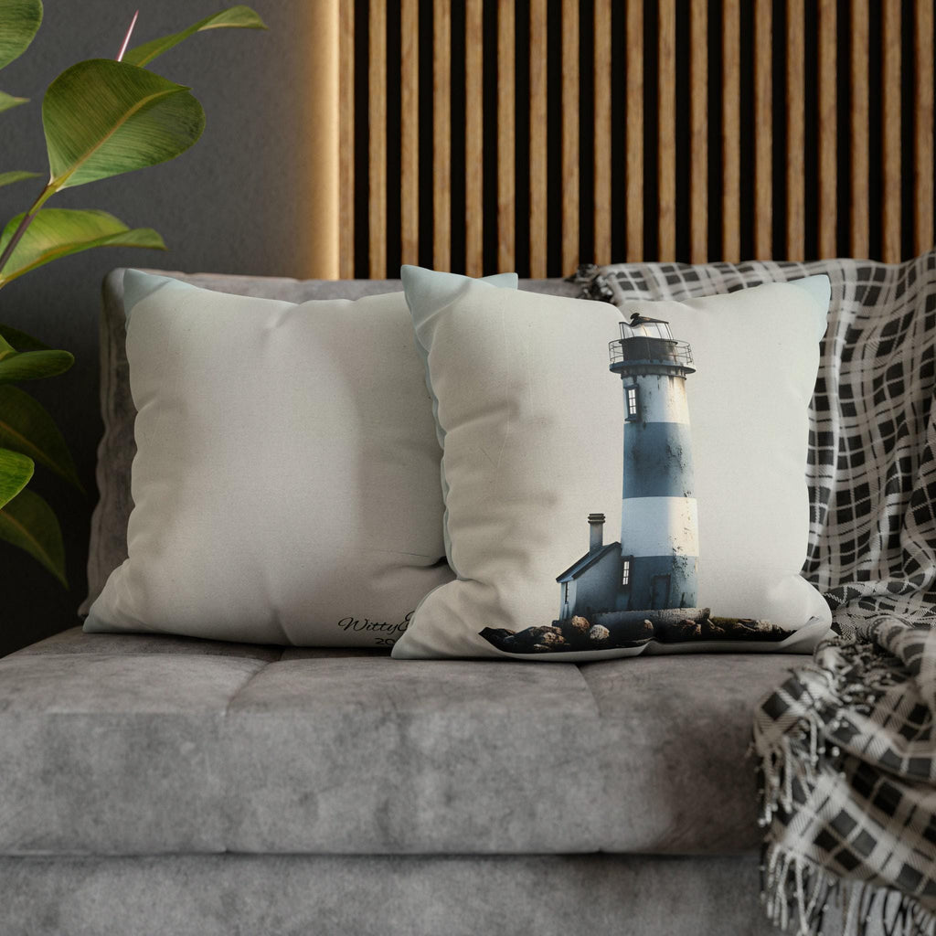 Coastal Lighthouse Pillow Cover: Blue & White Weathered Design for Beach House Decor