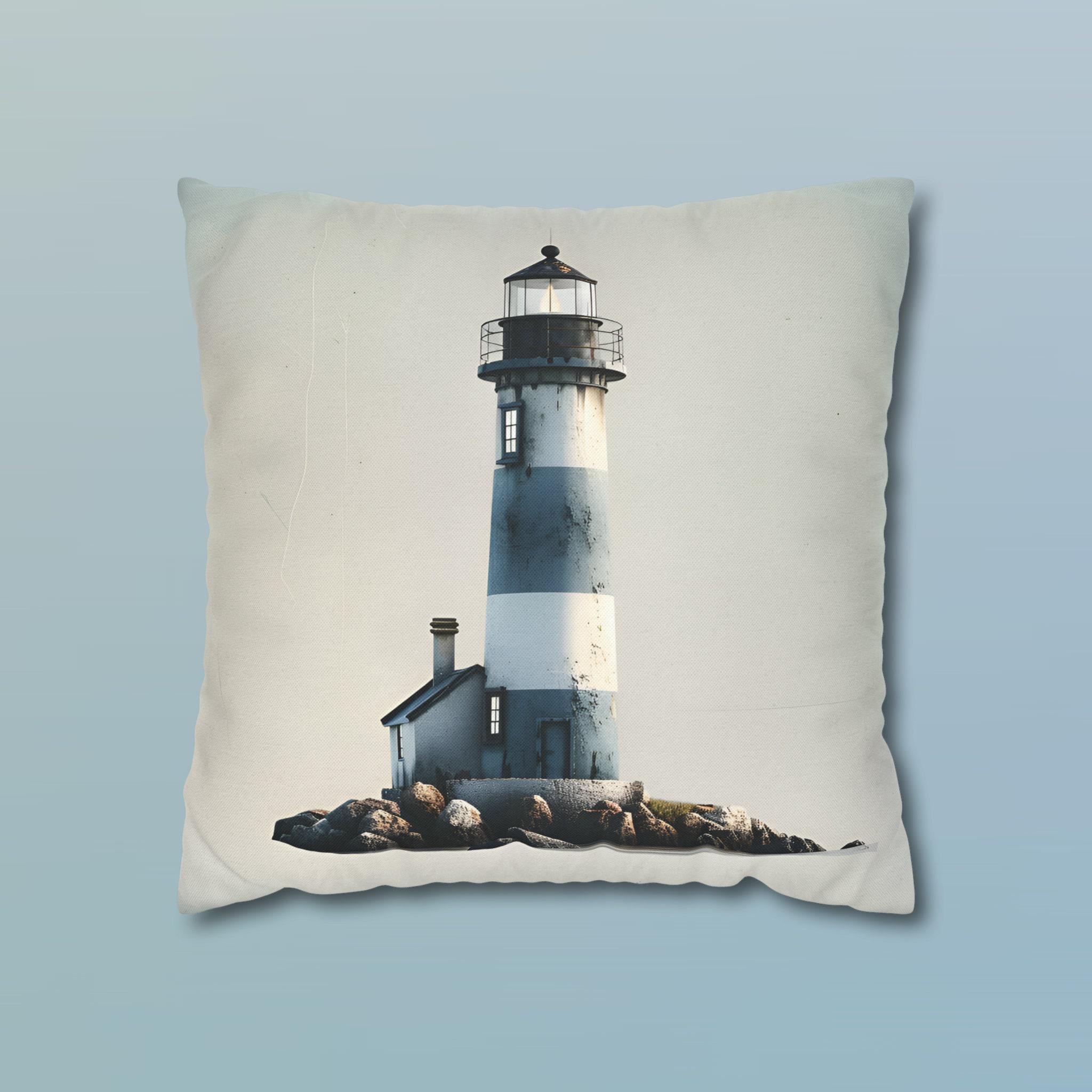 Coastal Lighthouse Pillow Cover: Blue & White Weathered Design for Beach House Decor