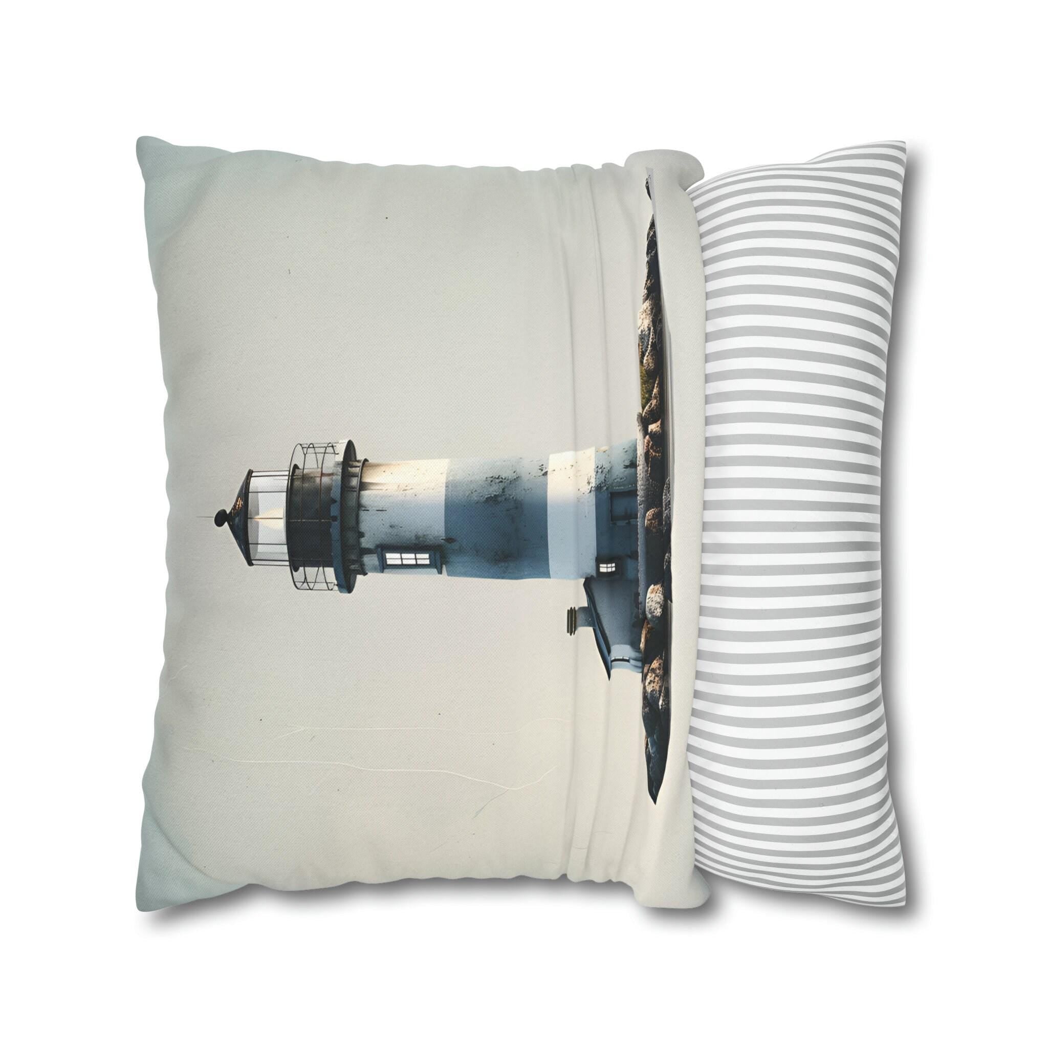 Coastal Lighthouse Pillow Cover: Blue & White Weathered Design for Beach House Decor