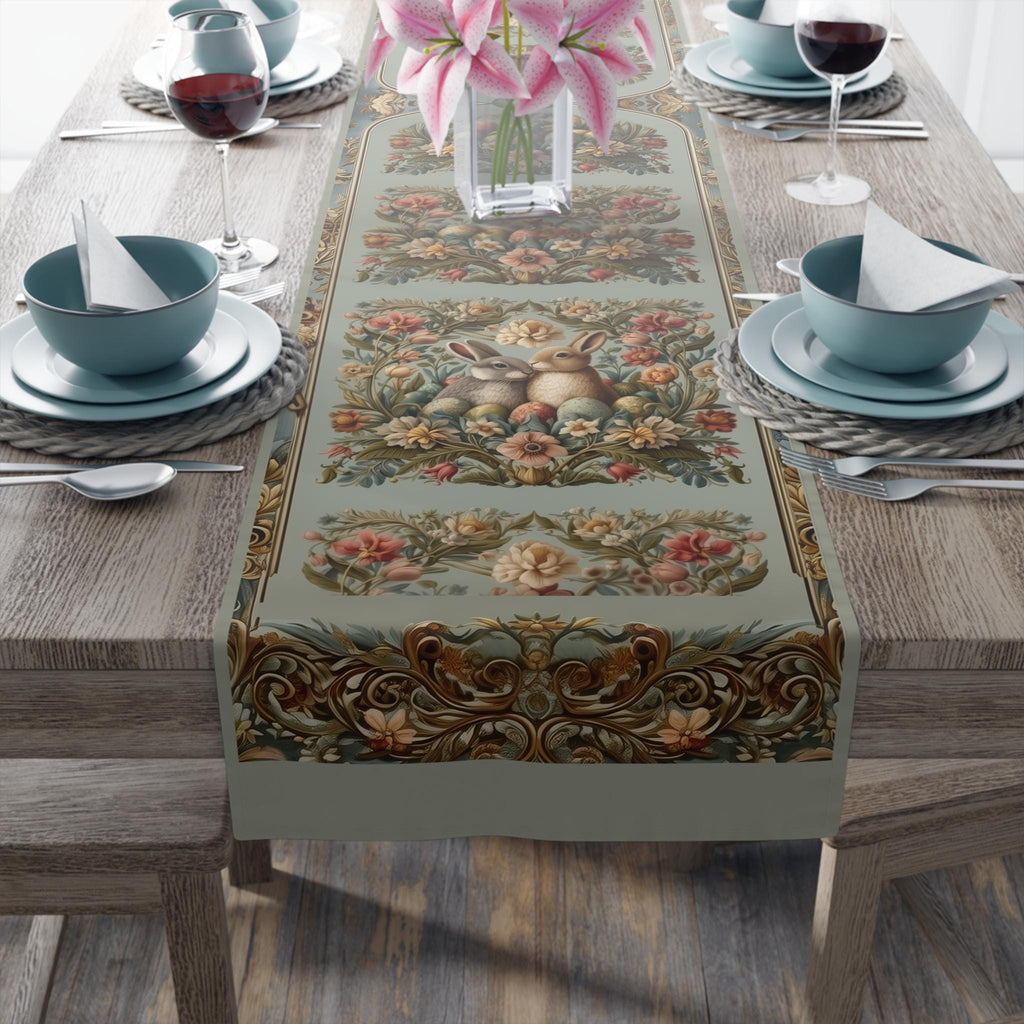 Victorian Easter Table Runner: Floral Vintage Style Rabbits and Fancy Eggs