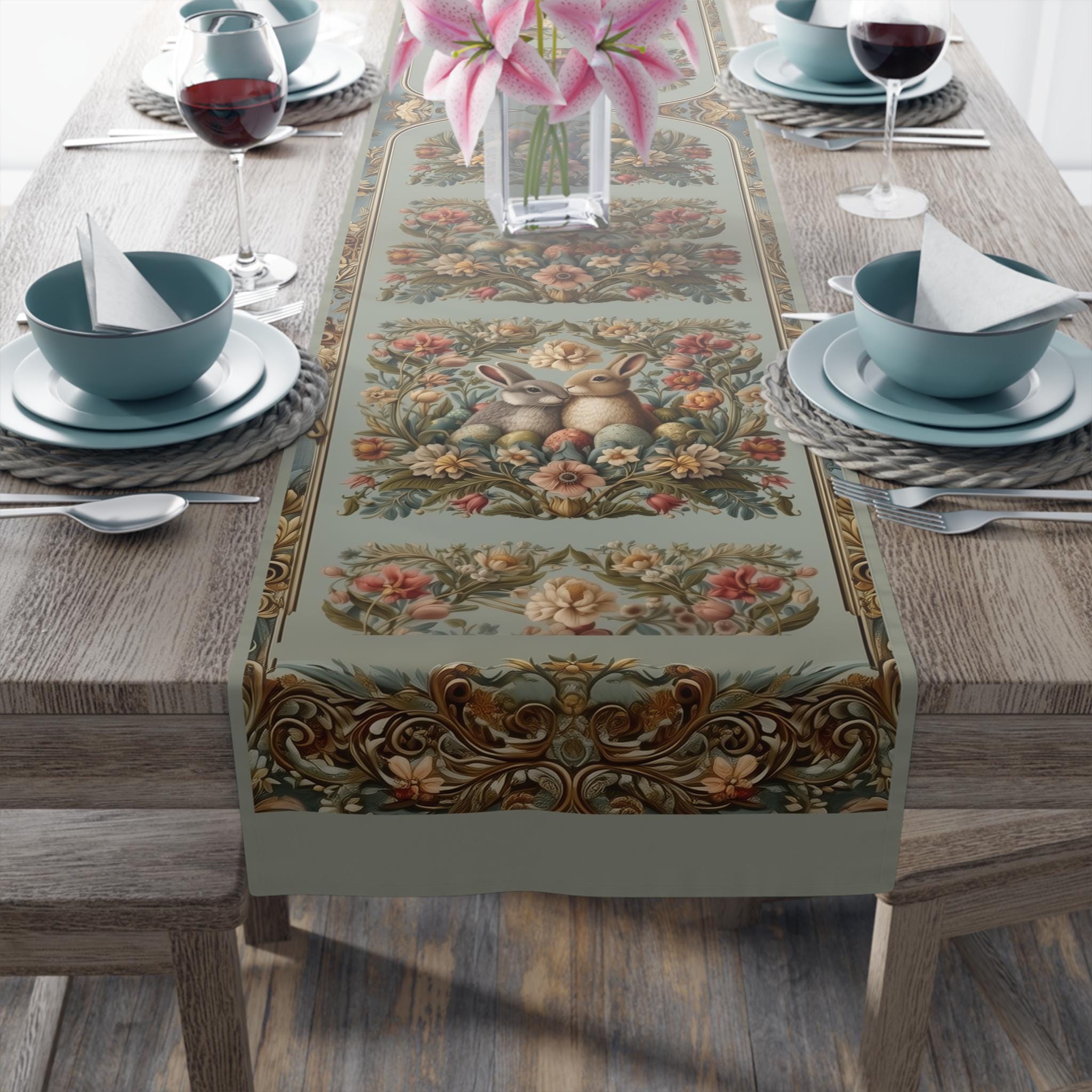 Victorian Easter Table Runner: Floral Vintage Style Rabbits and Fancy Eggs