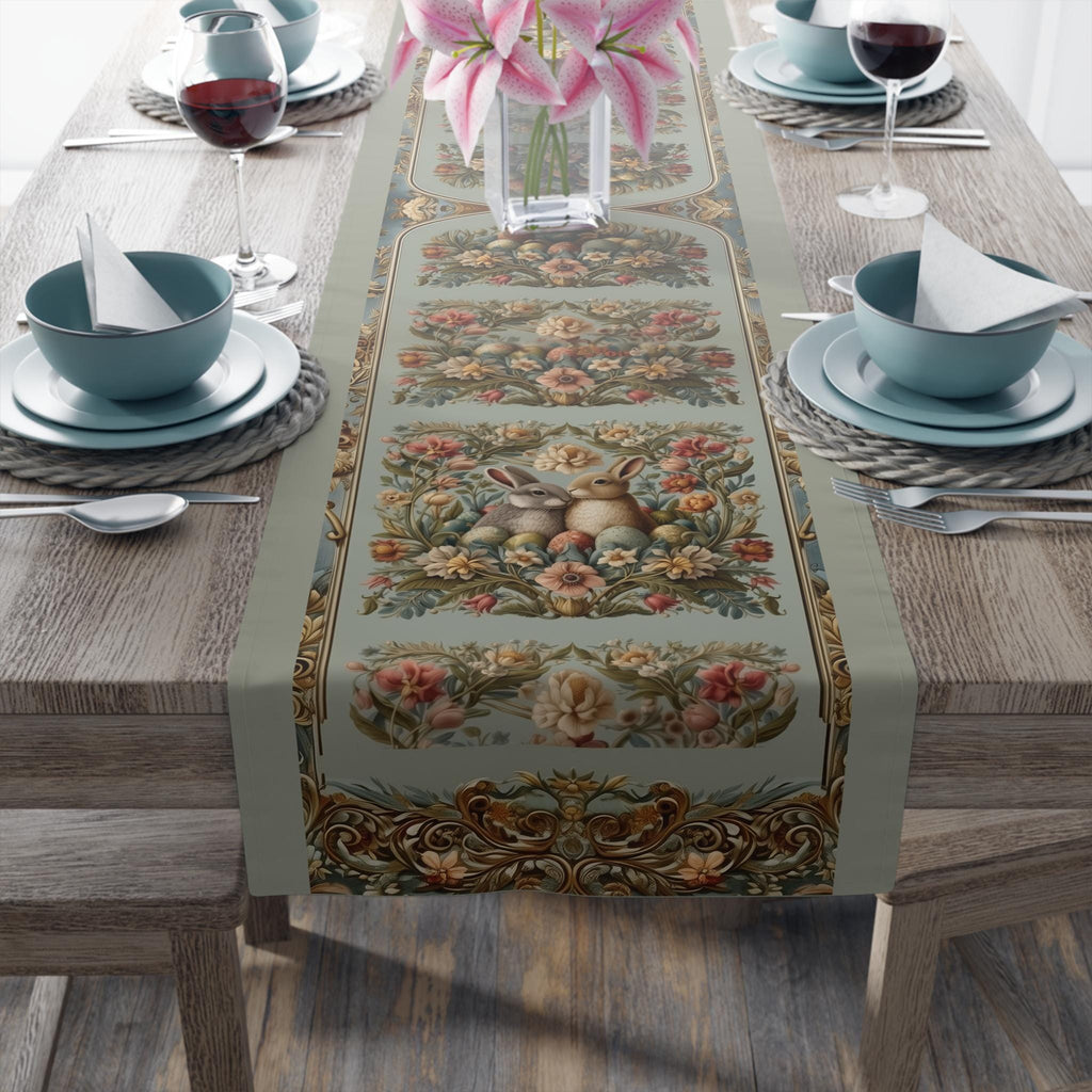 Victorian Easter Table Runner: Floral Vintage Style Rabbits and Fancy Eggs