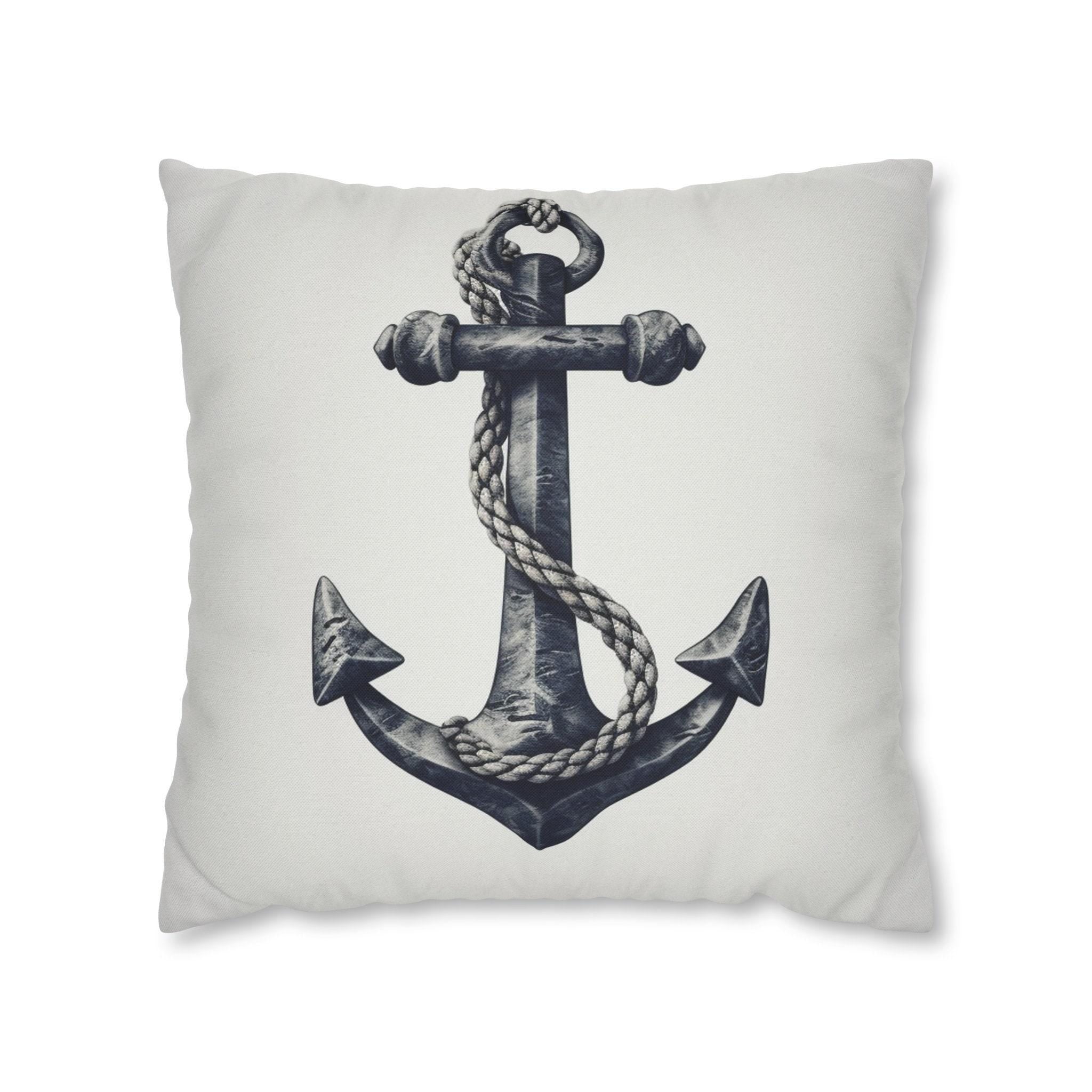 Vintage-Style Navy Blue Anchor Throw Pillow Cover - Nautical Decorative Case