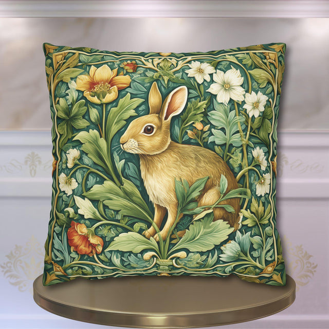 William Morris Inspired Rabbit Garden Pillow Cover: Arts and Crafts Floral Bunny Cushion Design