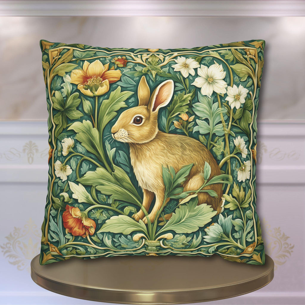 William Morris Inspired Rabbit Garden Pillow Cover: Arts and Crafts Floral Bunny Cushion Design