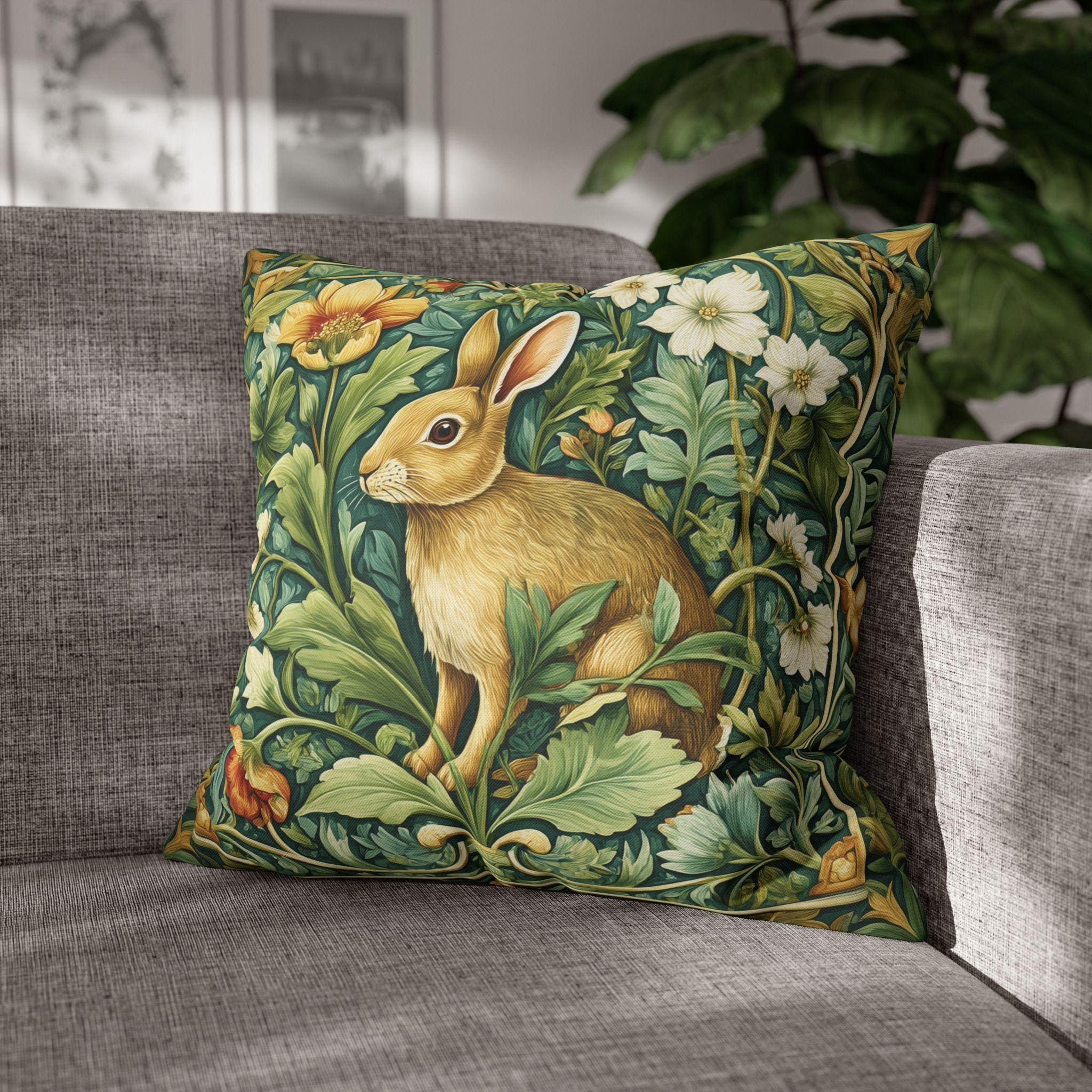 William Morris Inspired Rabbit Garden Pillow Cover: Arts and Crafts Floral Bunny Cushion Design