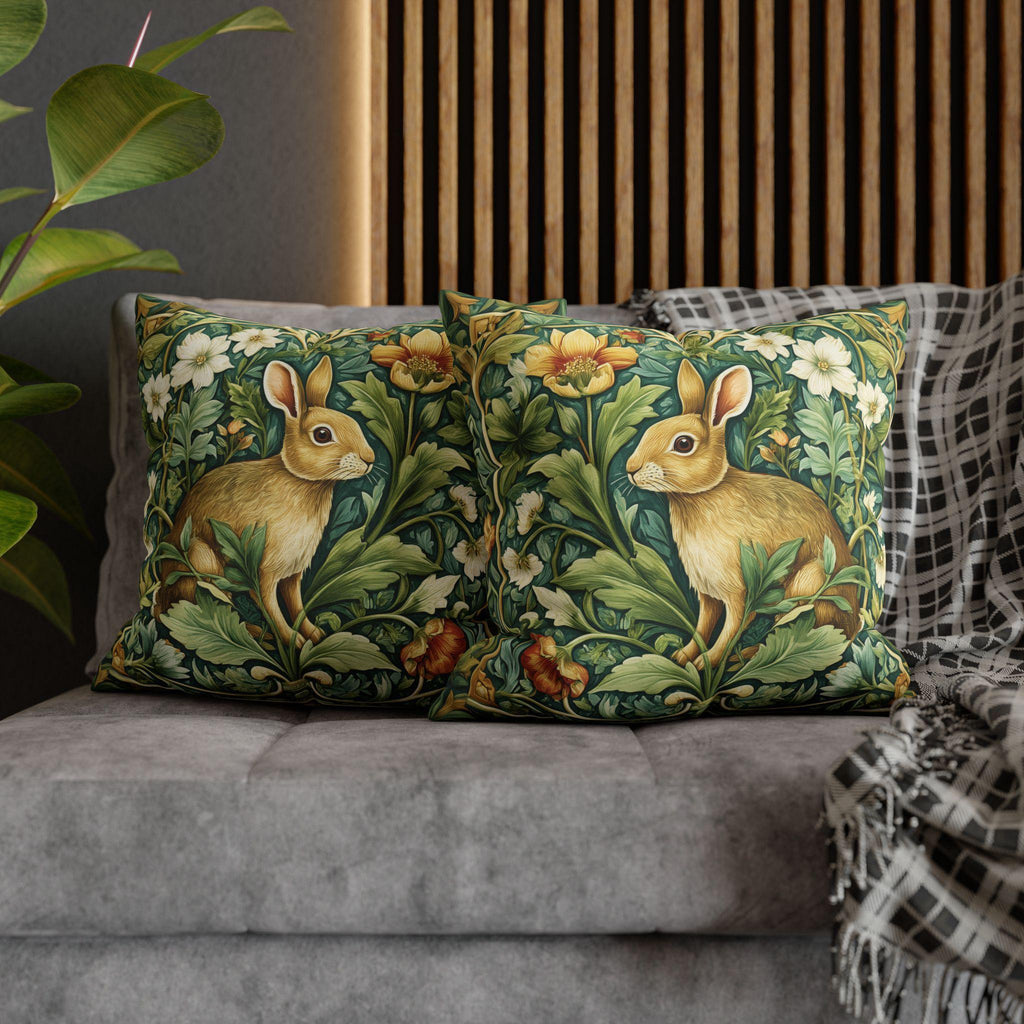William Morris Inspired Rabbit Garden Pillow Cover: Arts and Crafts Floral Bunny Cushion Design