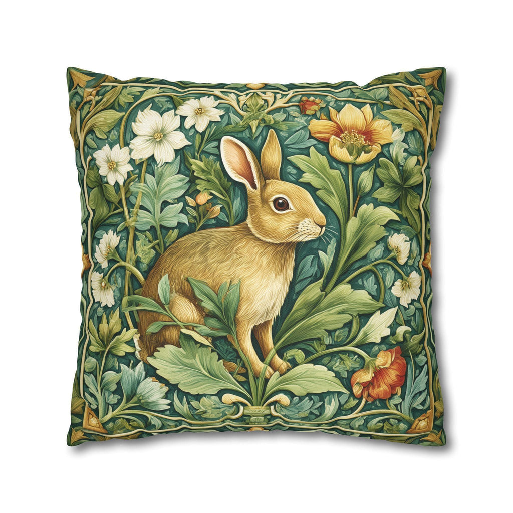 William Morris Inspired Rabbit Garden Pillow Cover: Arts and Crafts Floral Bunny Cushion Design