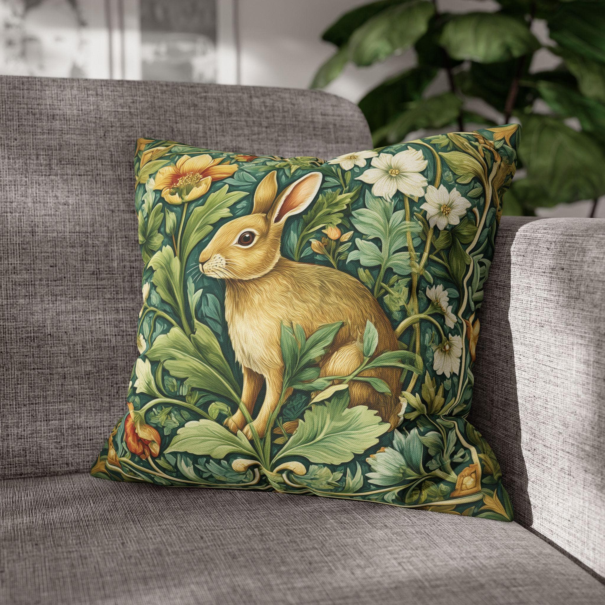 William Morris Inspired Rabbit Garden Pillow Cover: Arts and Crafts Floral Bunny Cushion Design