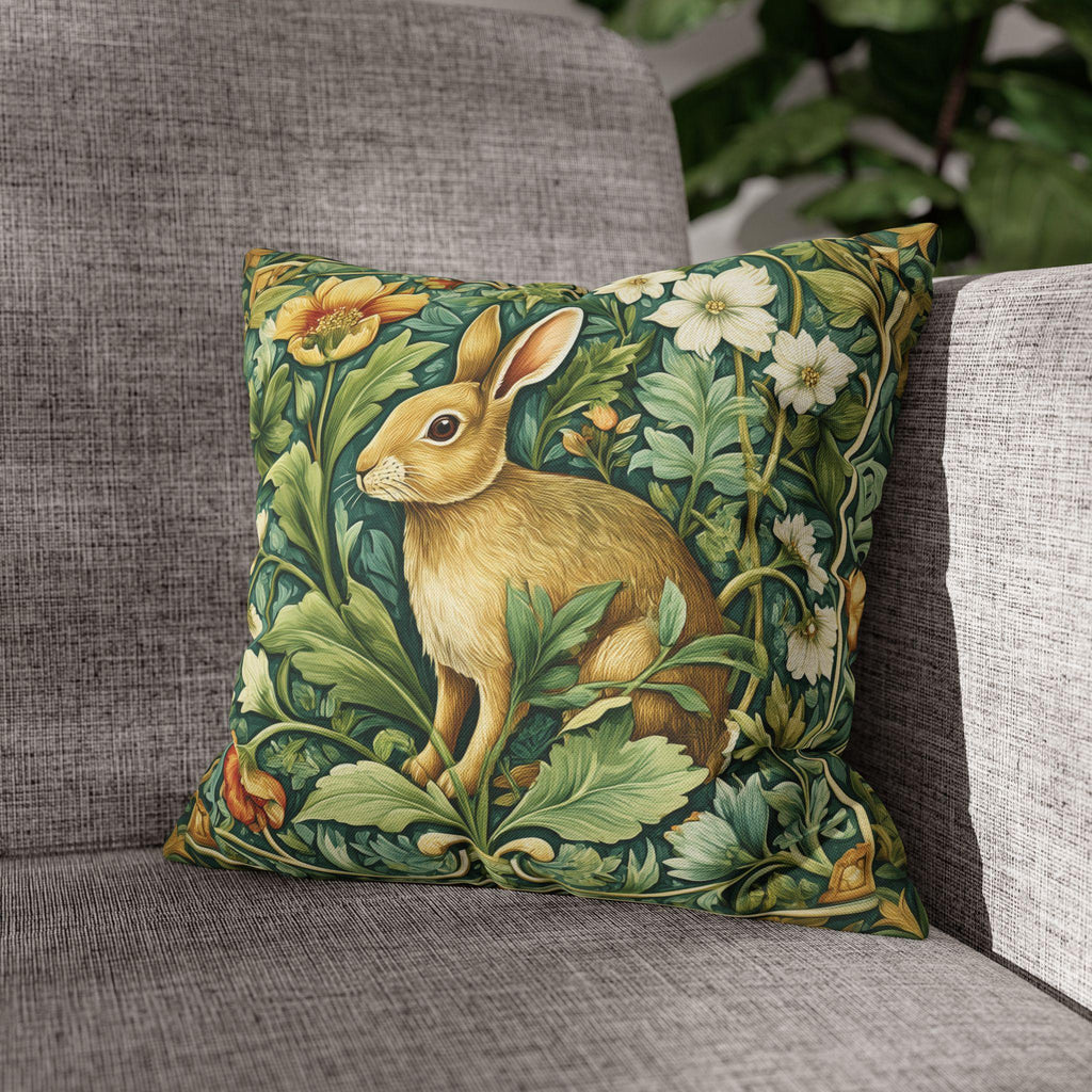 William Morris Inspired Rabbit Garden Pillow Cover: Arts and Crafts Floral Bunny Cushion Design