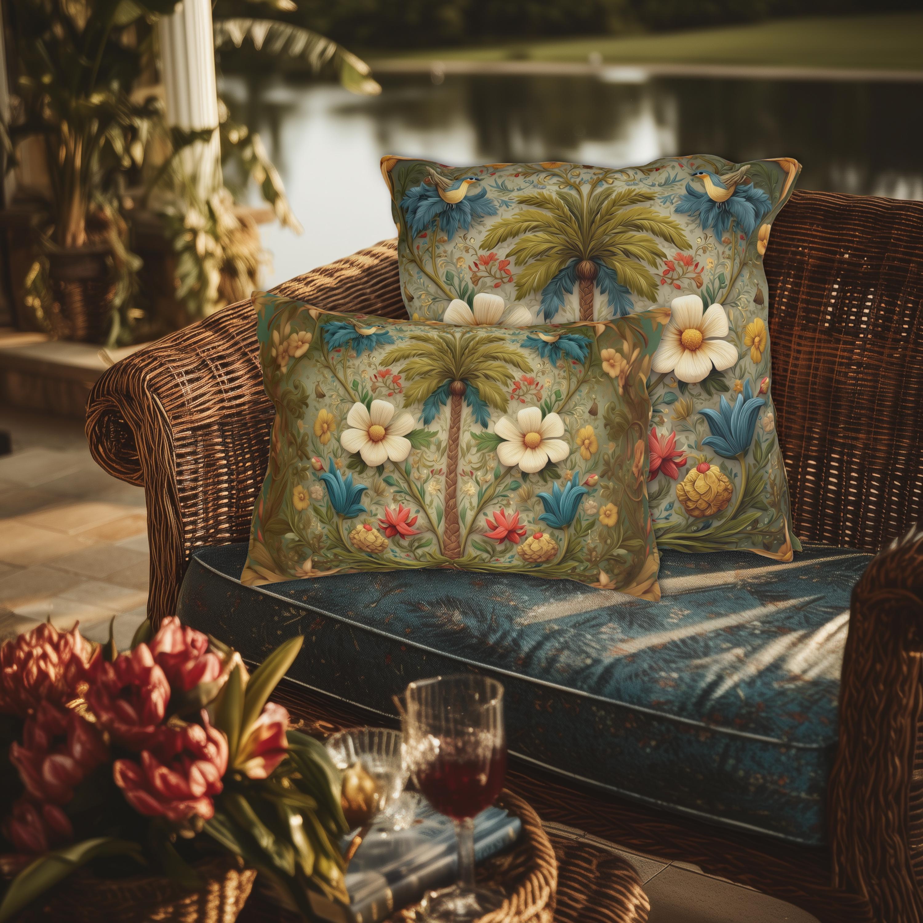 William Morris Inspired Outdoor Pillow: Exotic Tropical Floral for Patio or Poolside