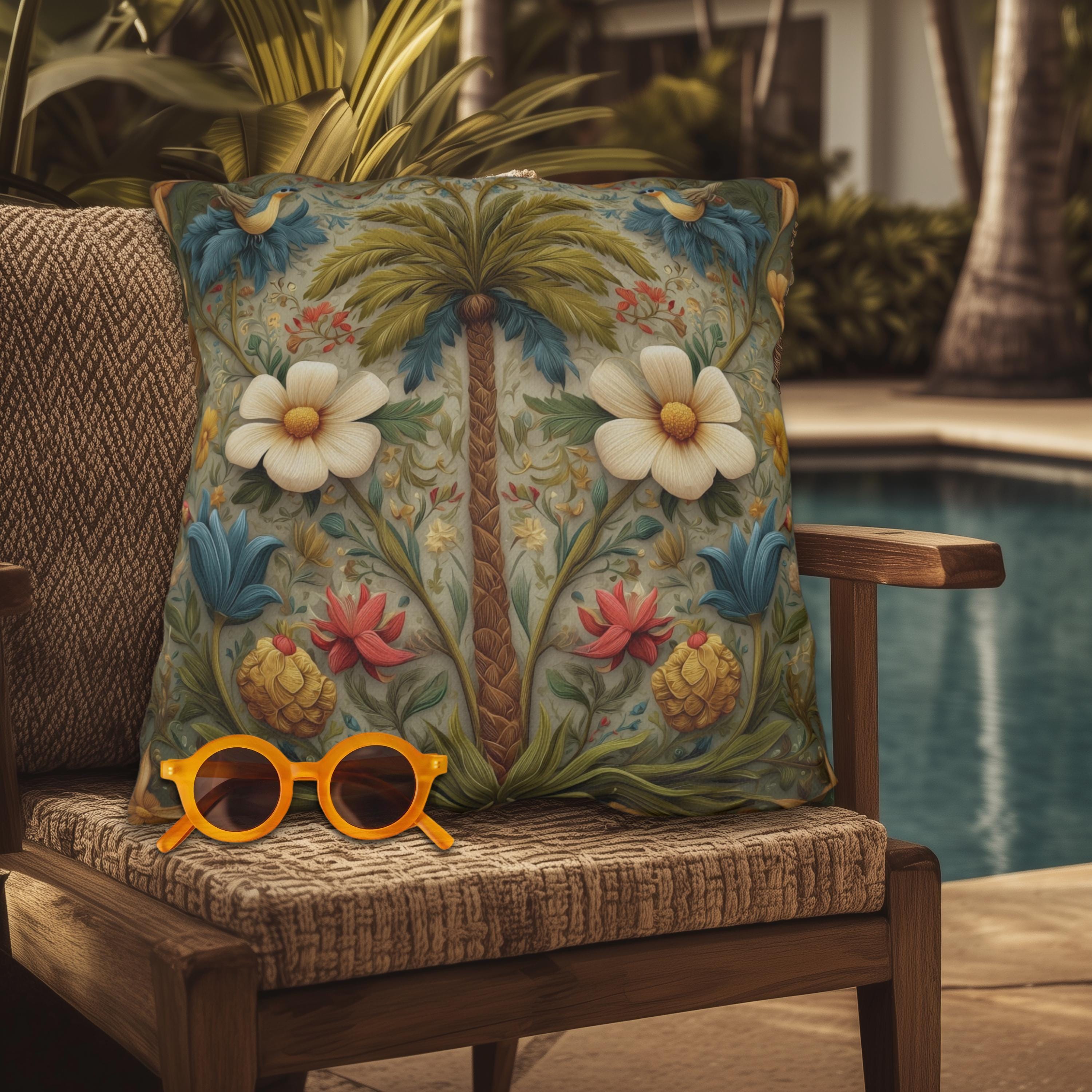 William Morris Inspired Outdoor Pillow: Exotic Tropical Floral for Patio or Poolside